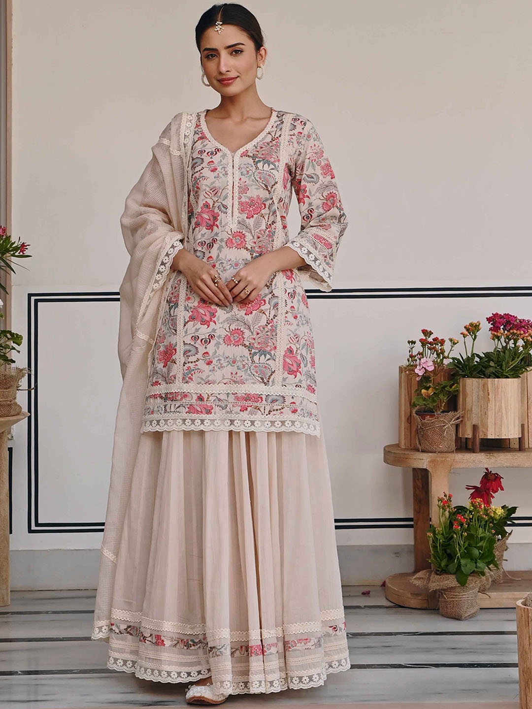 

KARAJ JAIPUR Floral Printed Thread Work Pure Cotton Kurta with Skirt & Dupatta, White