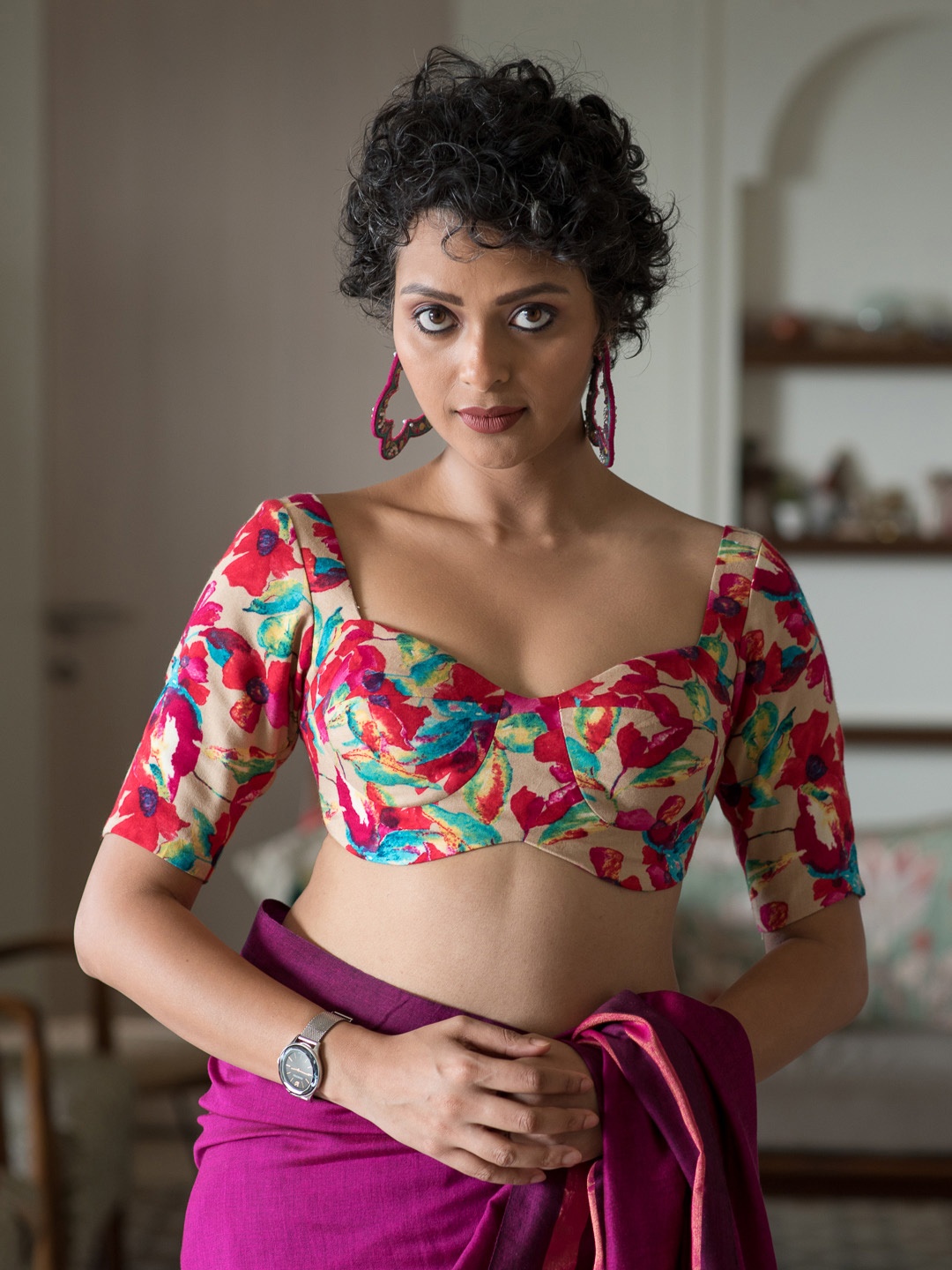 

Suta Floral Printed Sweetheart Neck Short Sleeves Saree Blouse, Beige