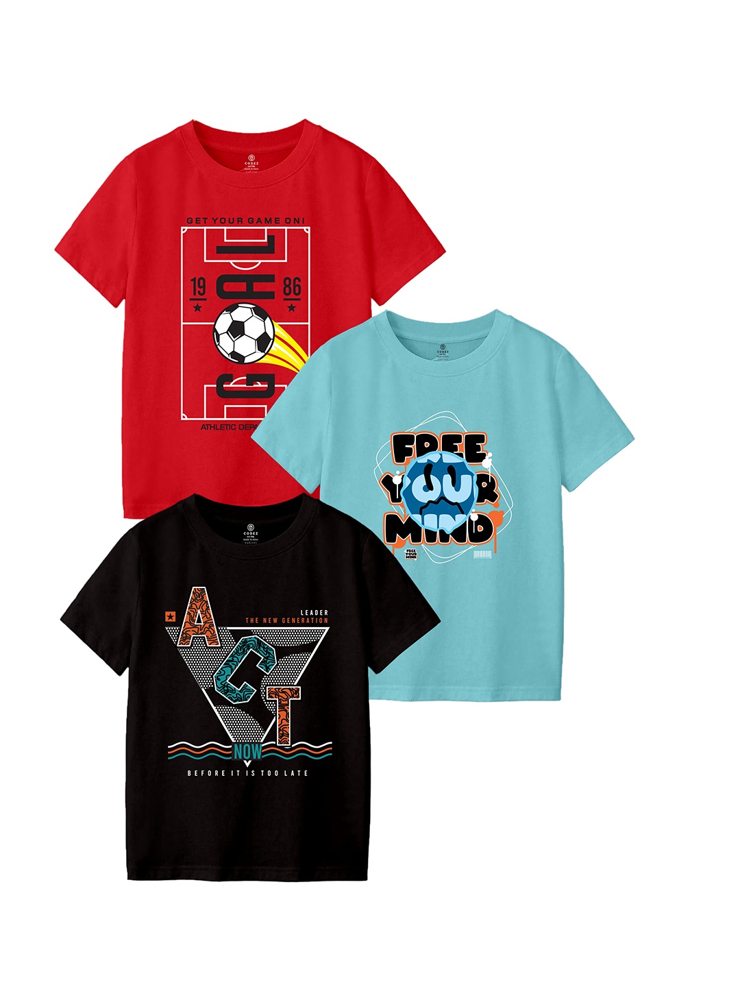 

CODEZ Boy Pack Of 3 Printed Round Neck T-shirts, Red