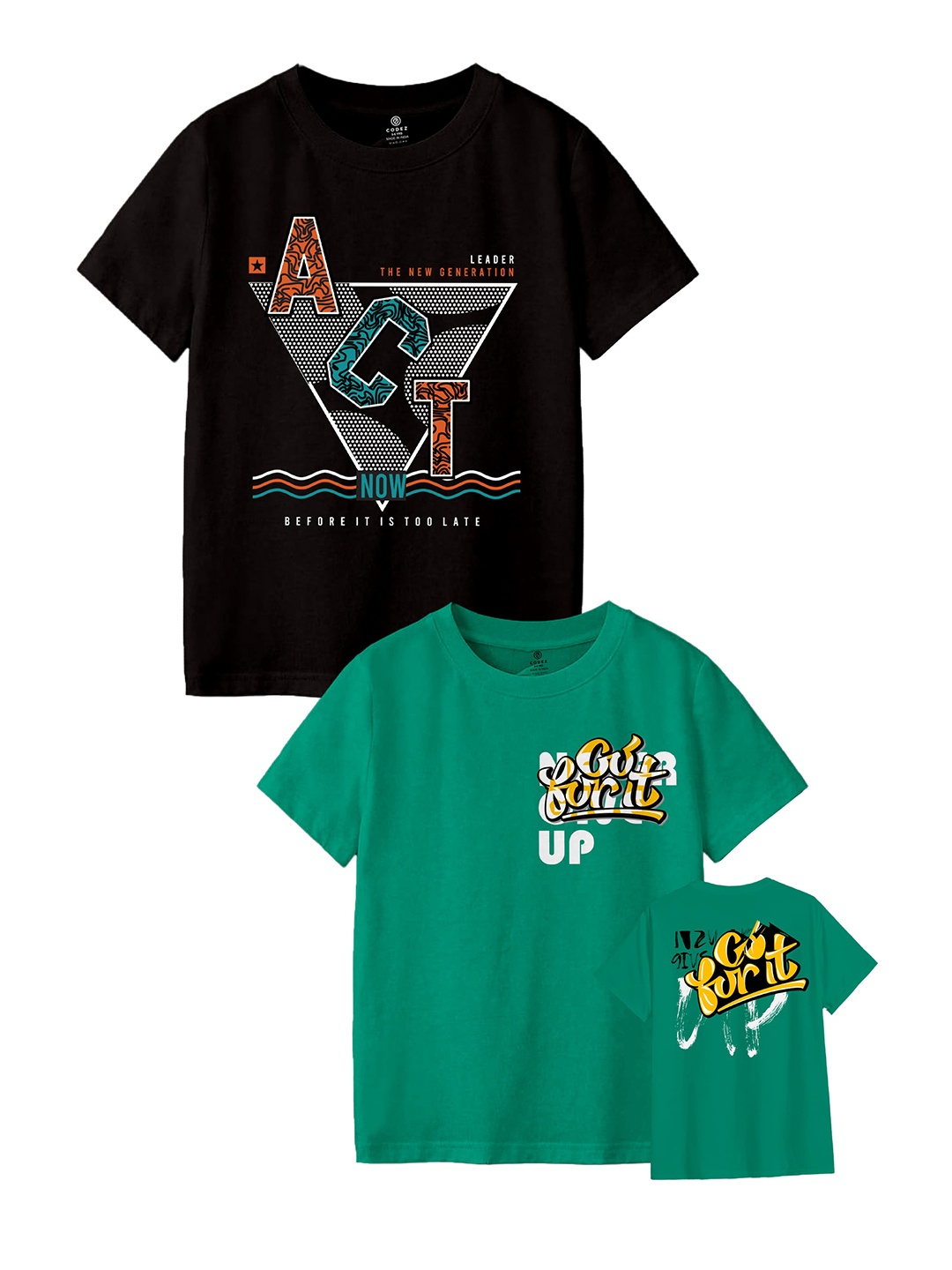 

CODEZ Boys Pack Of 2 Round Neck Graphic Printed T-shirts, Black