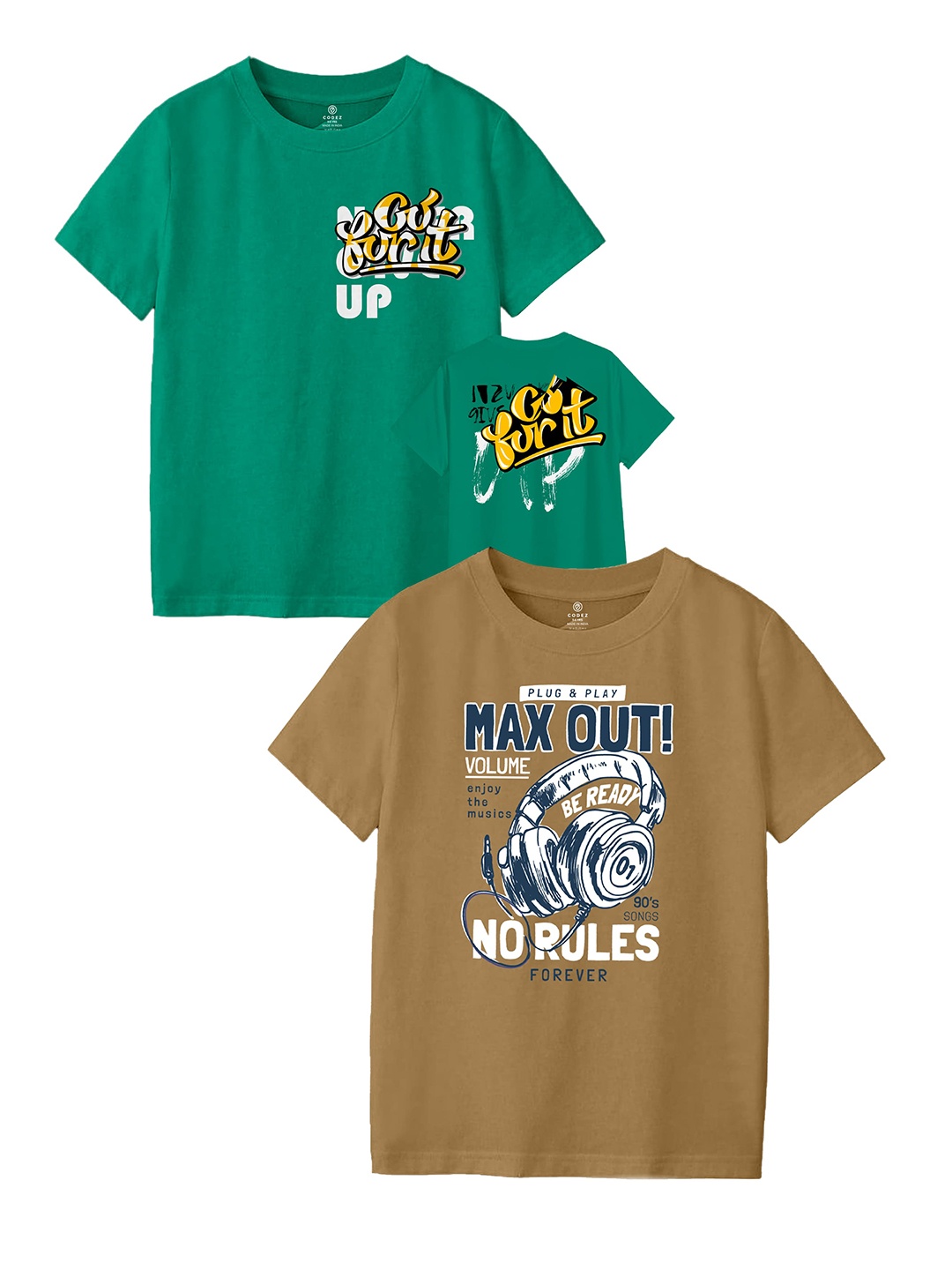 

CODEZ Boys Pack Of 2 Round Neck Typography Printed T-shirts, Green