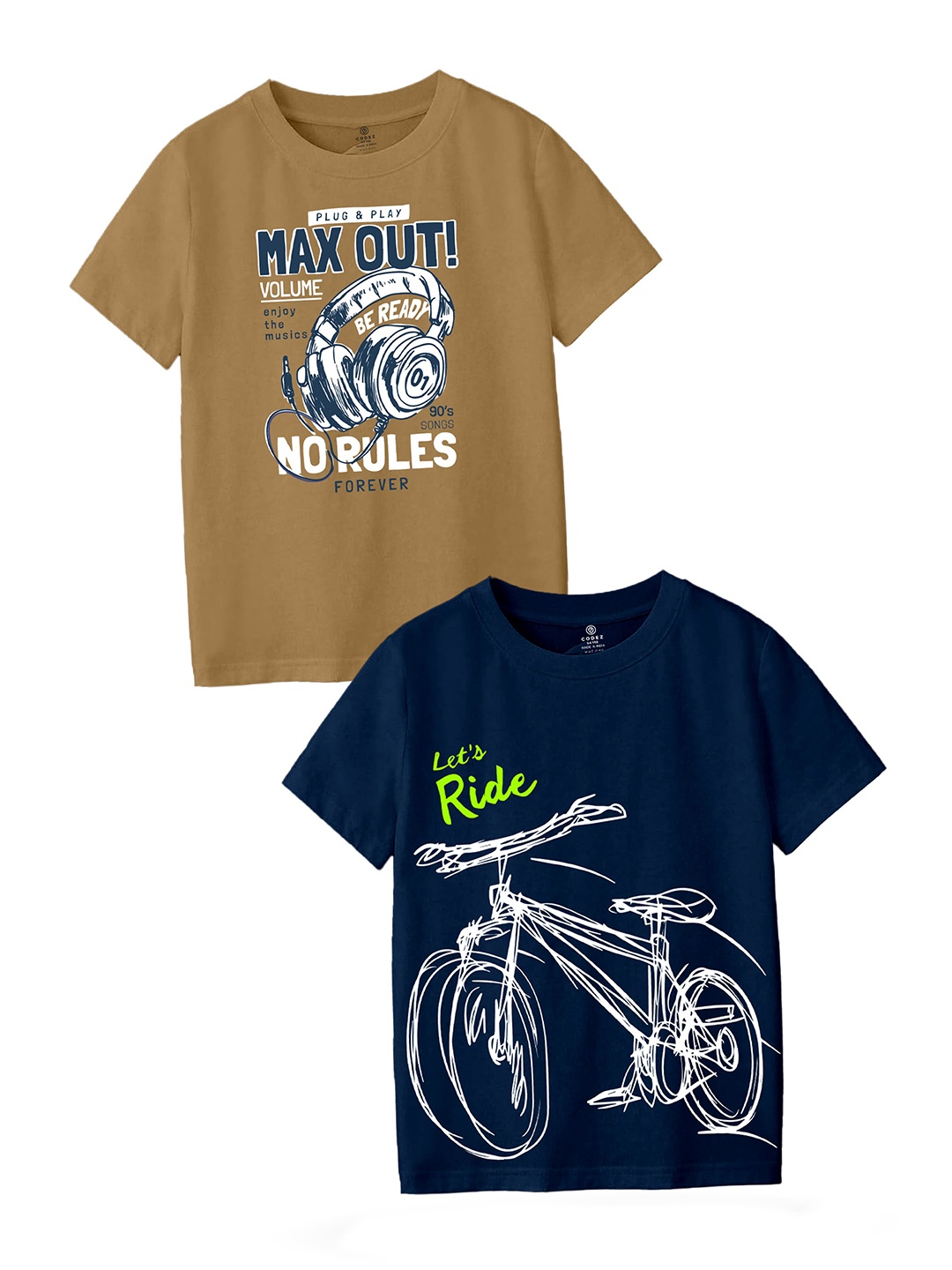 

CODEZ Boy Pack Of 2 Printed Round Neck T-shirts, Khaki