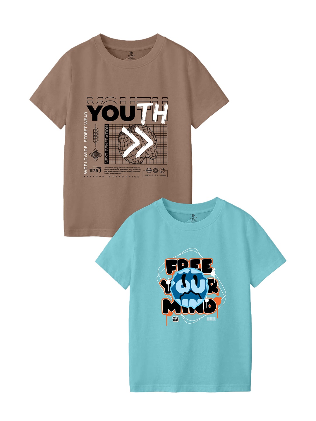 

CODEZ Boys Pack Of 2 Round Neck Typography Printed T-shirts, Brown