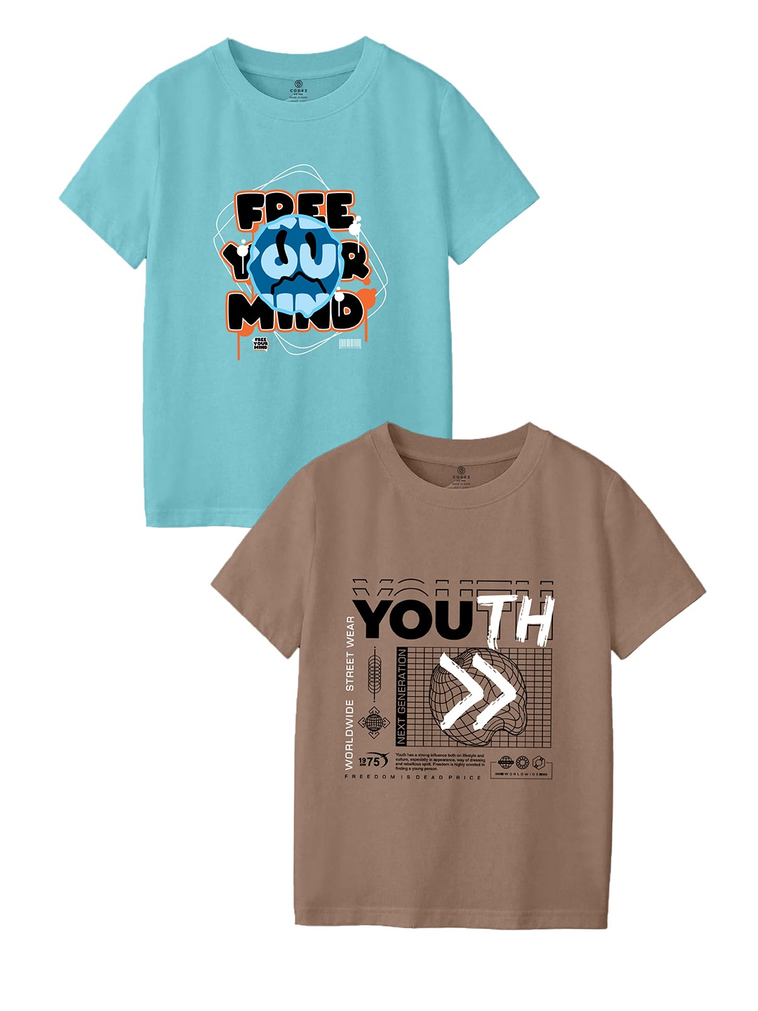 

CODEZ Boys Pack Of 2 Round Neck Typography Printed T-shirts, Blue