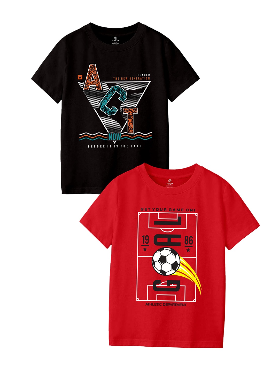 

CODEZ Boys Pack Of 2 Round Neck Typography Printed T-shirts, Red