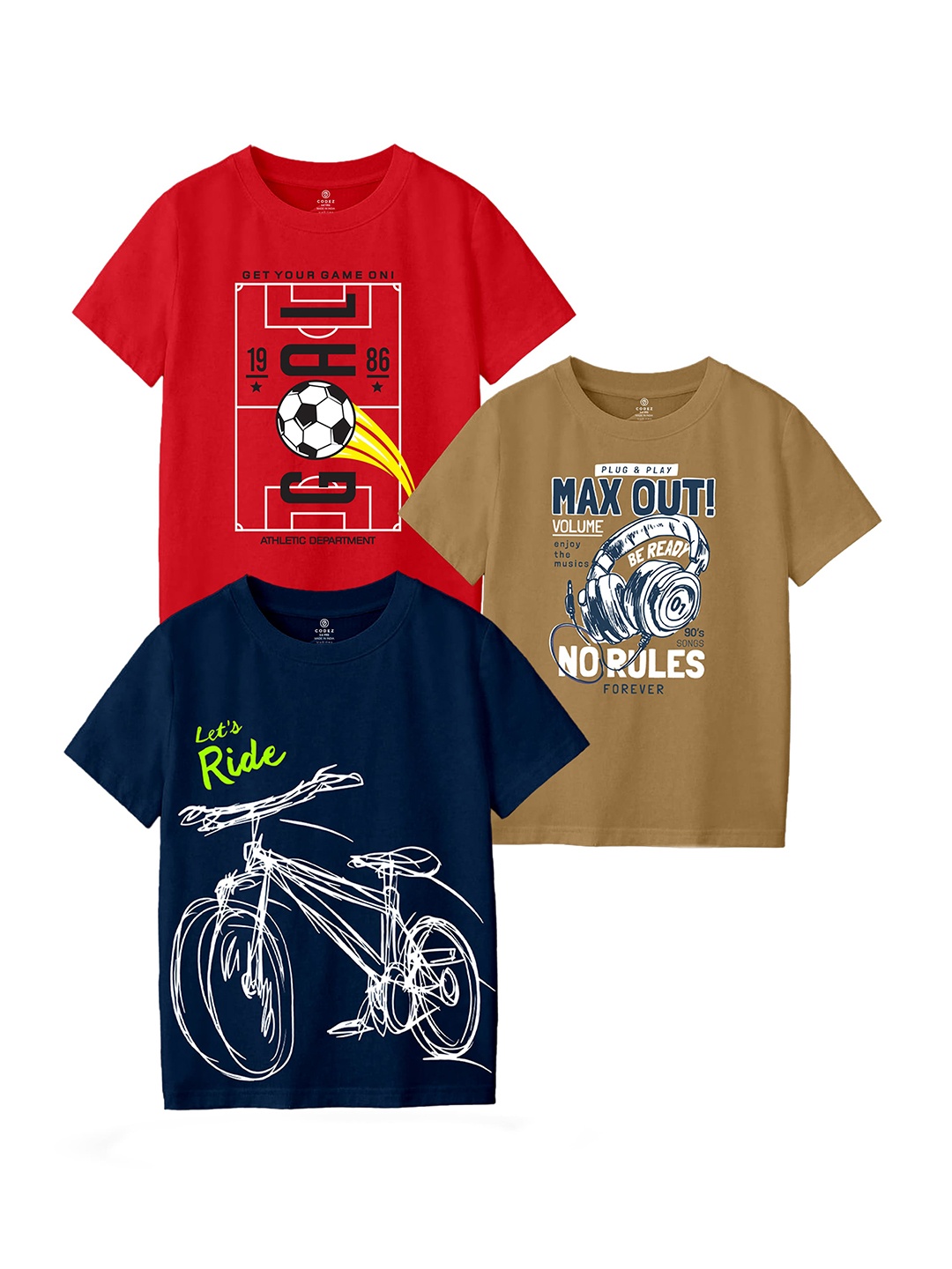 

CODEZ Boys Pack Of 3 Round Neck Graphic Printed T-shirts, Red