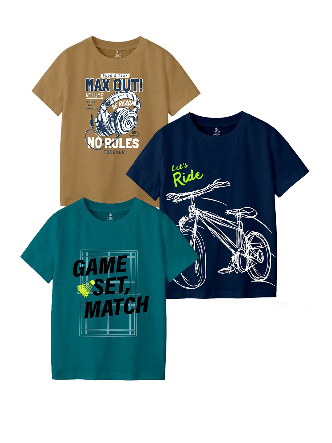 

CODEZ Boys Pack Of 3 Graphic Printed Cotton T-shirts, Navy blue