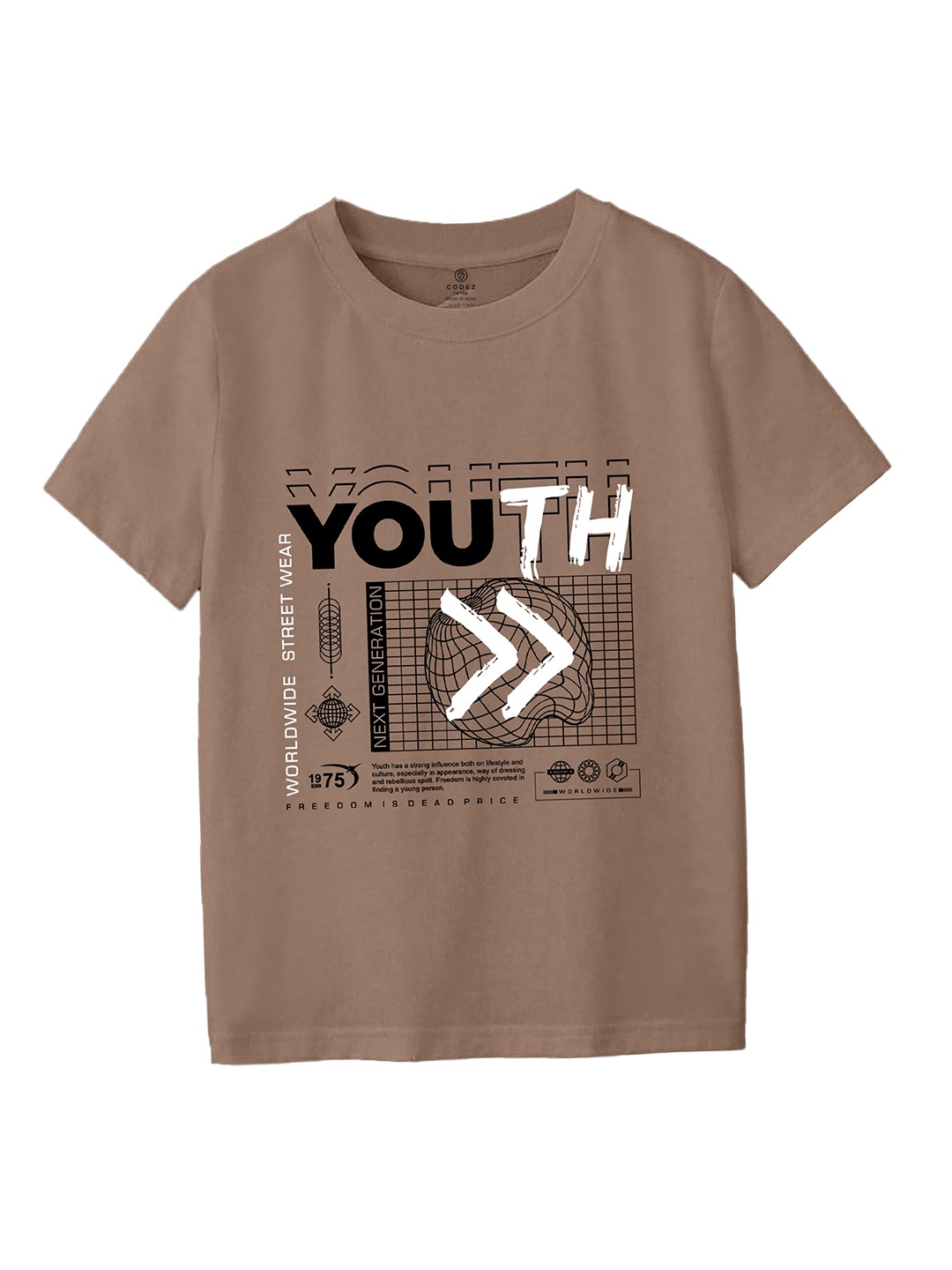 

CODEZ Boys Typography Printed Applique T-shirt, Brown