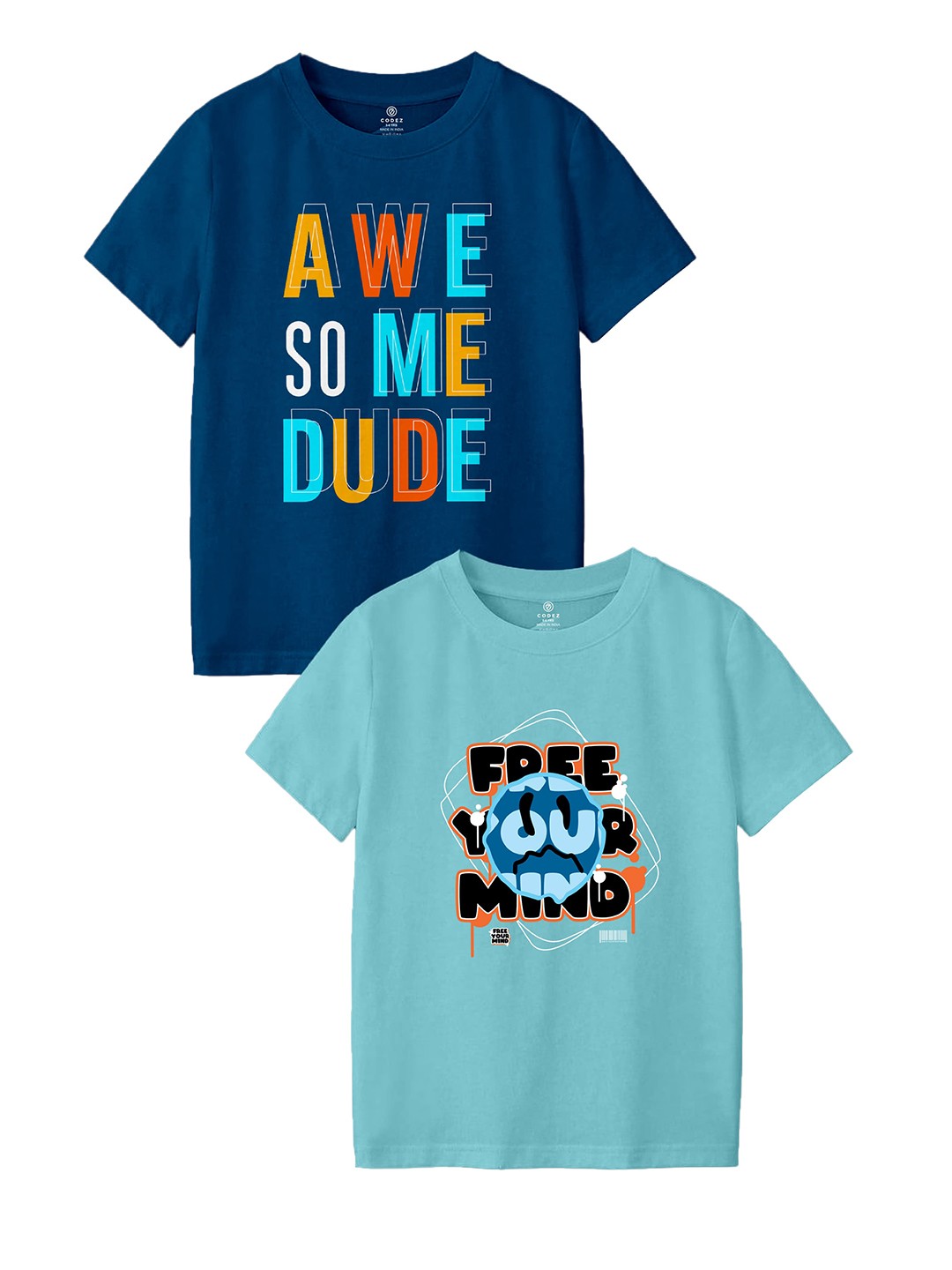 

CODEZ Boys Pack Of 2 Typography Printed Cotton T-shirts, Navy blue