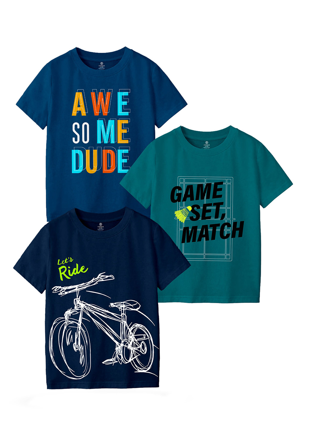 

CODEZ Pack Of 3 Boys Typography Printed Casual Cotton T-shirts, Navy blue