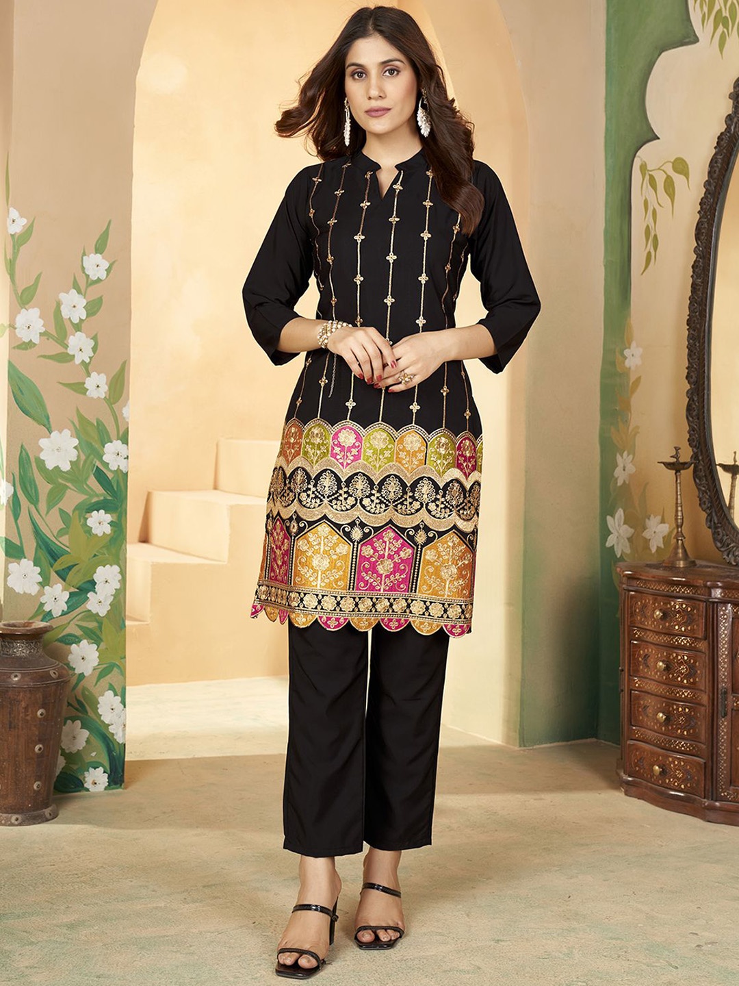

KALINI Ethnic Motifs Embroidered Mandarin Collar Thread Work Straight Kurta With Trouser, Black