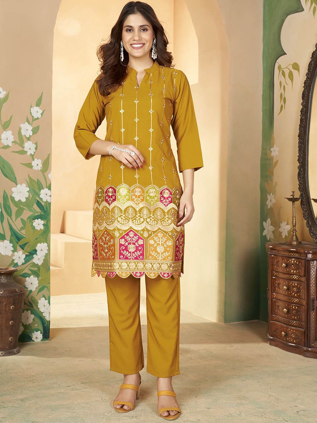 

KALINI Ethnic Motifs Embroidered Straight Kurta With Trouser, Yellow