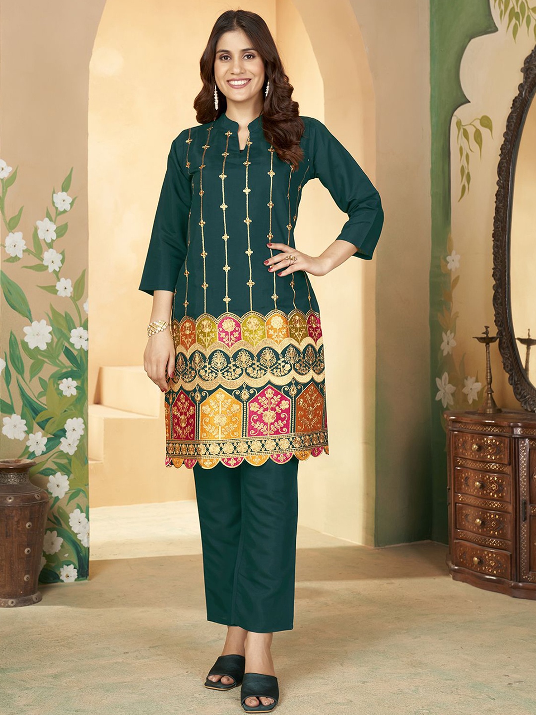 

KALINI Ethnic Motifs Embroidered Straight Thread Work Kurta with Trousers, Green