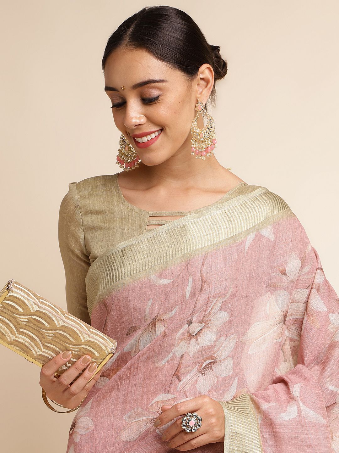 

DOI MOI Ethnic Motifs Zari Tissue Tussar Saree, Rose