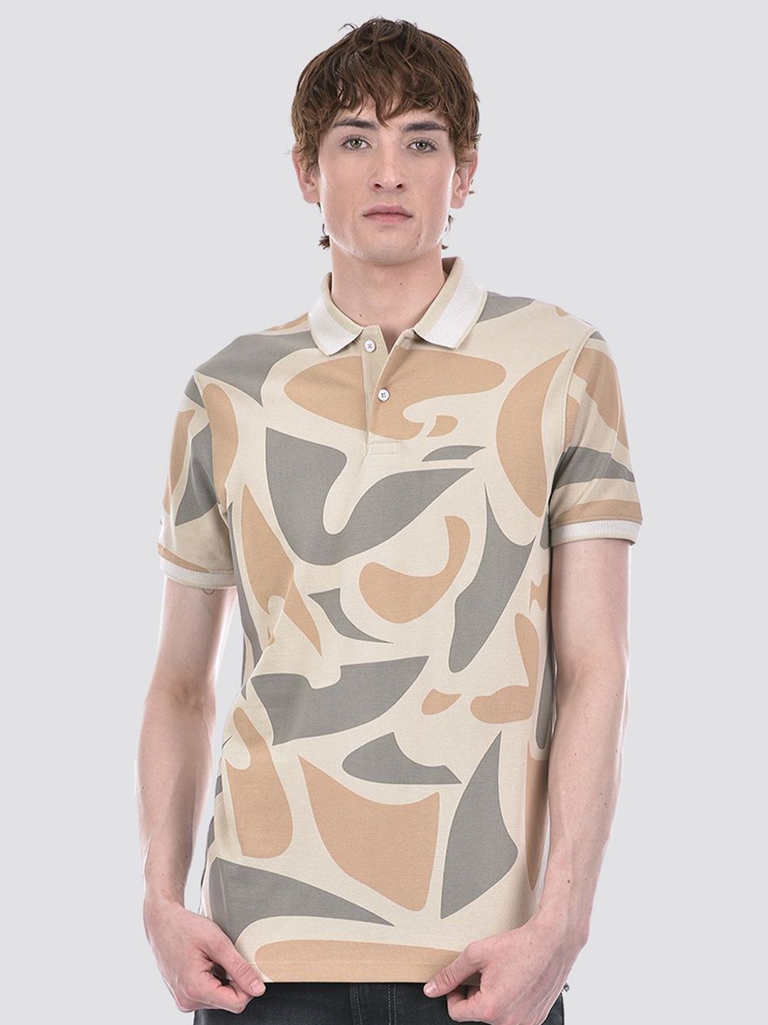 

EXCEED Men Polo Collar Abstract Printed Pure Cotton T-shirt, Beige