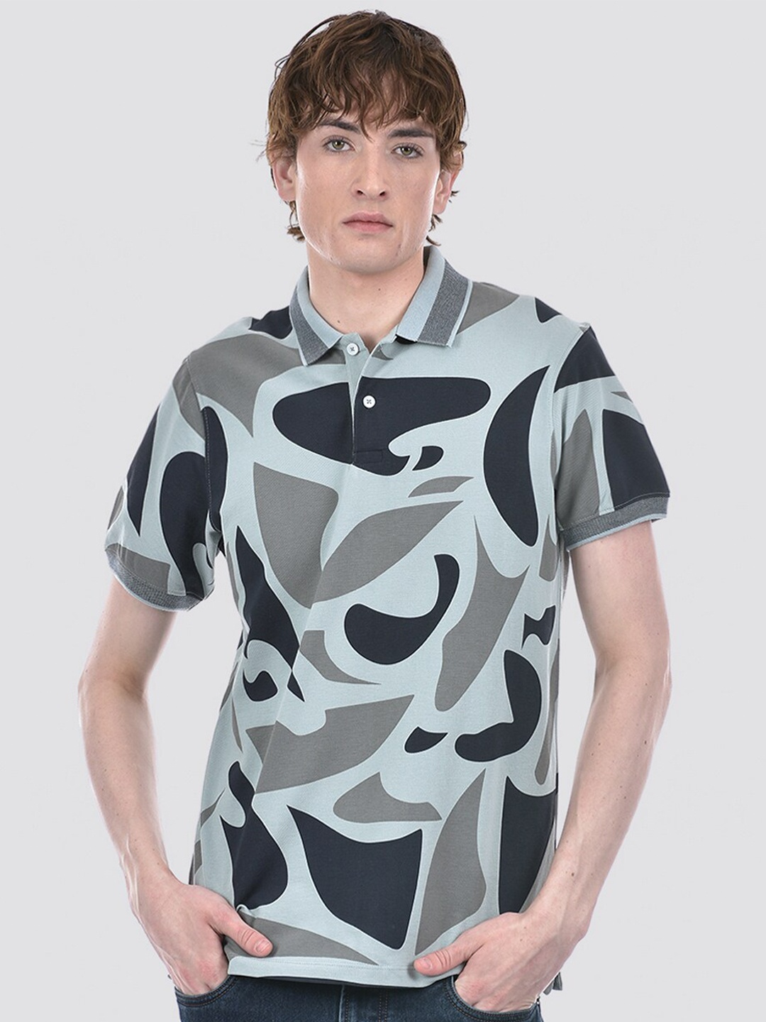 

EXCEED Men Polo Collar Abstract Printed Pure Cotton T-shirt, Grey