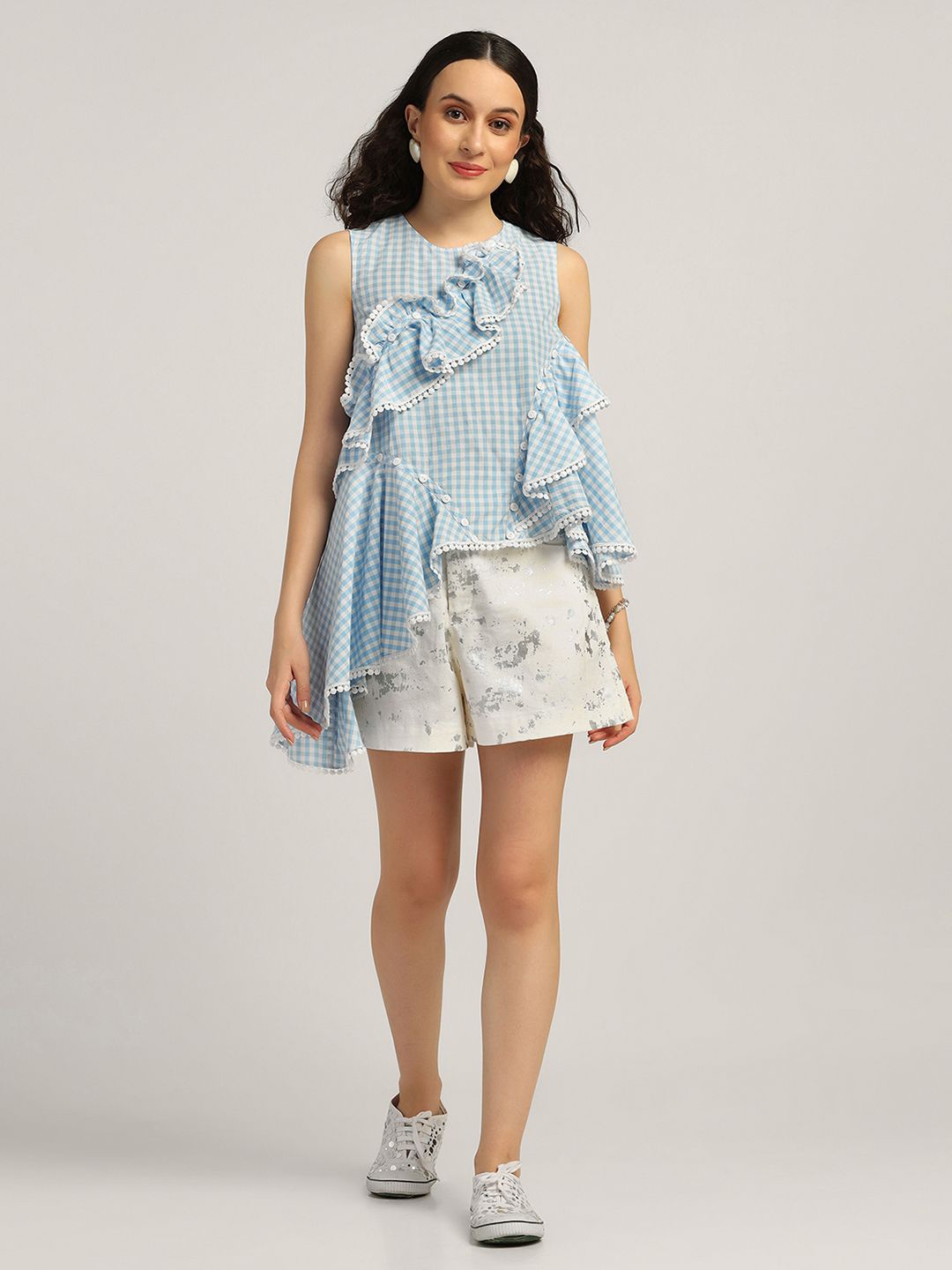 

LELA Checked Round Neck High-Low Ruffles Top, Blue