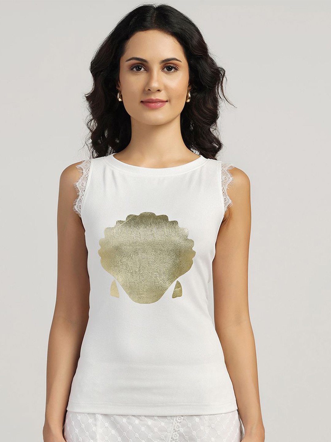 

LELA Graphic Printed Round Neck Top, White