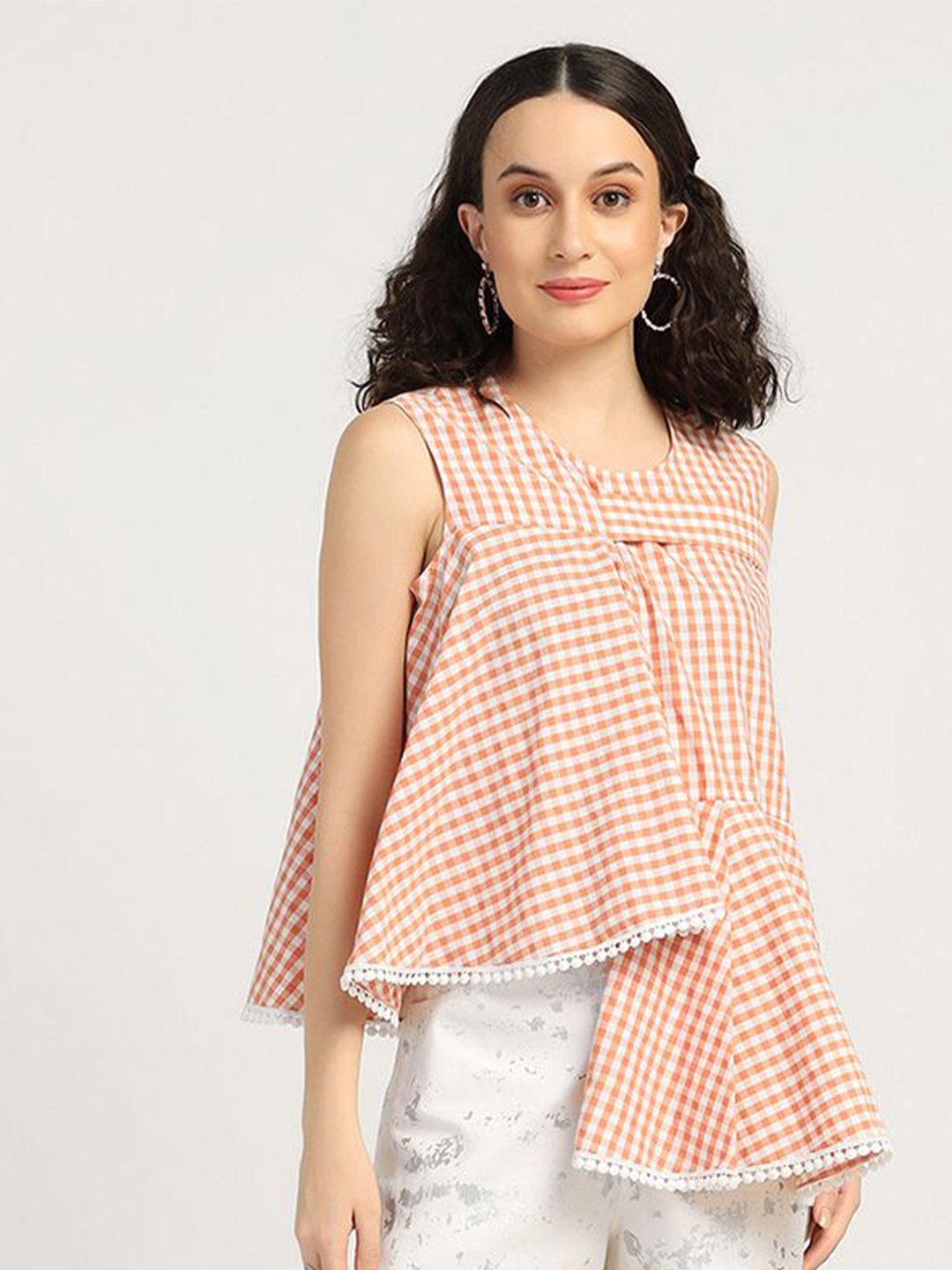 

LELA Geometric Print Cold-Shoulder Cotton Top, Peach