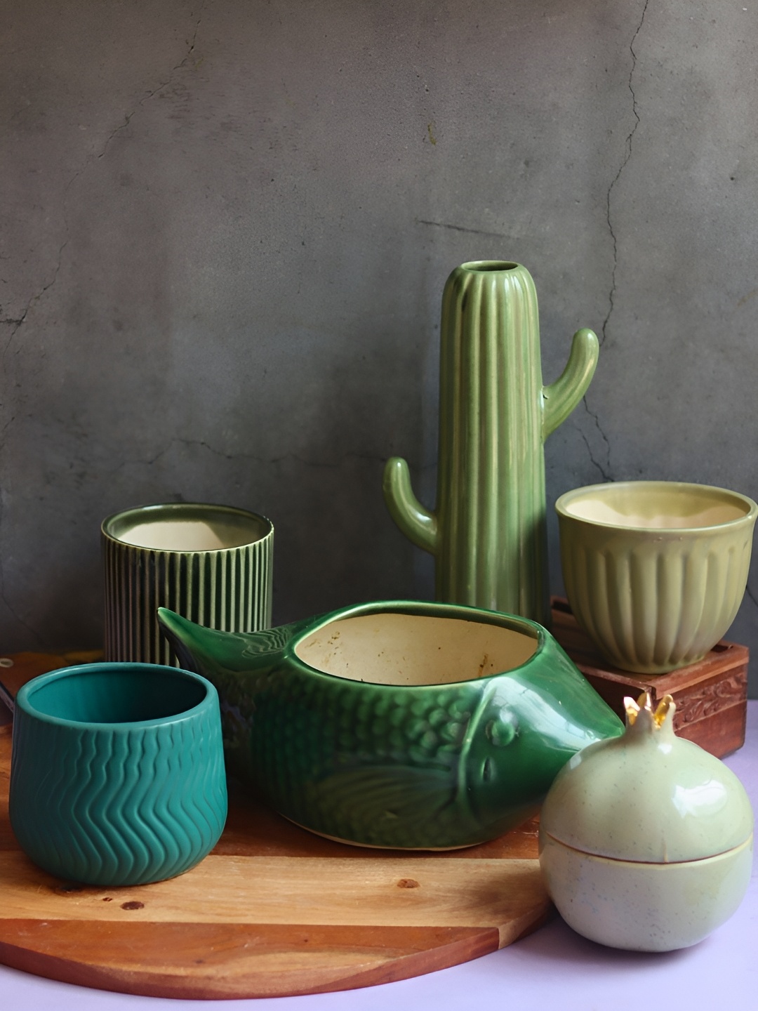 

WEAVING HOMES Green & Blue 6 Pieces Textured Ceramic Planters