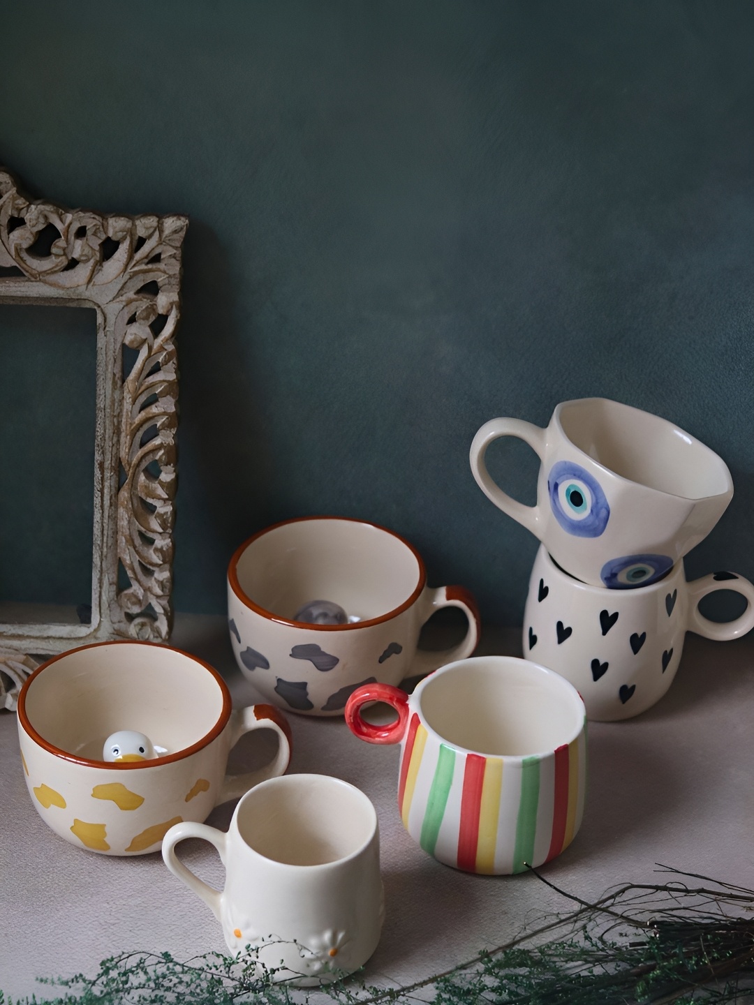 

WEAVING HOMES White 6 Pieces Printed Microwave Safe Glossy Ceramic Mugs 200 ml Each
