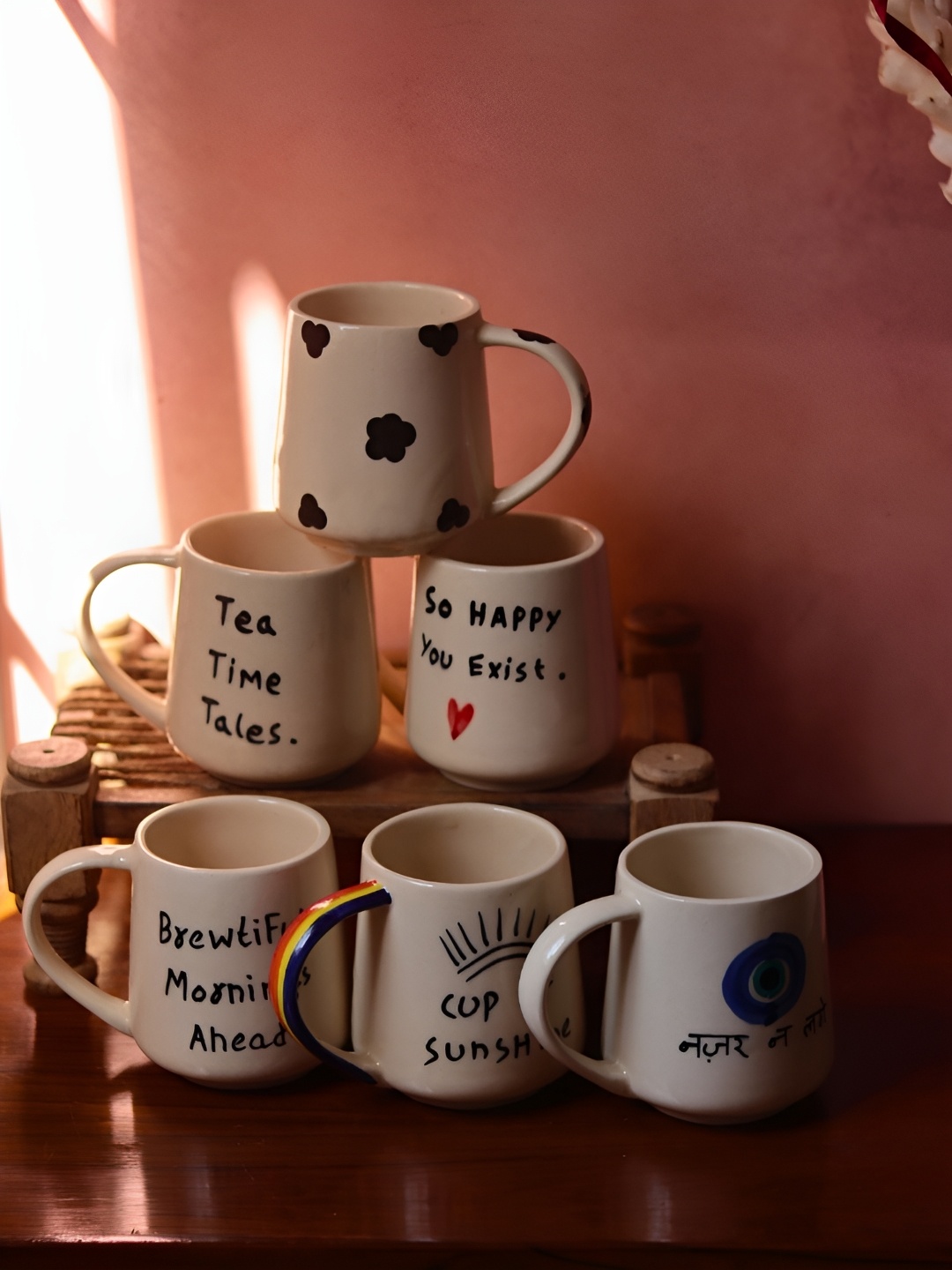 

WEAVING HOMES White 6 Pieces Printed Microwave Safe Glossy Ceramic Mugs 250 ml Each