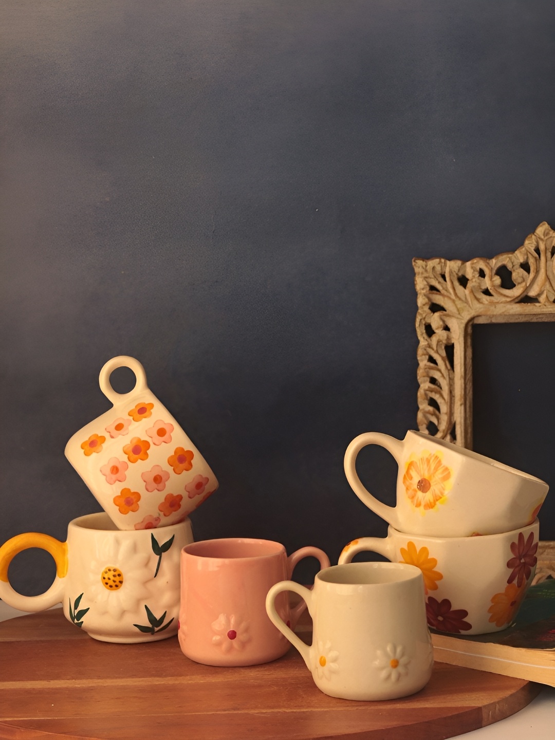 

WEAVING HOMES White & Pink 6 Pieces Floral Printed Ceramic Matte Mugs