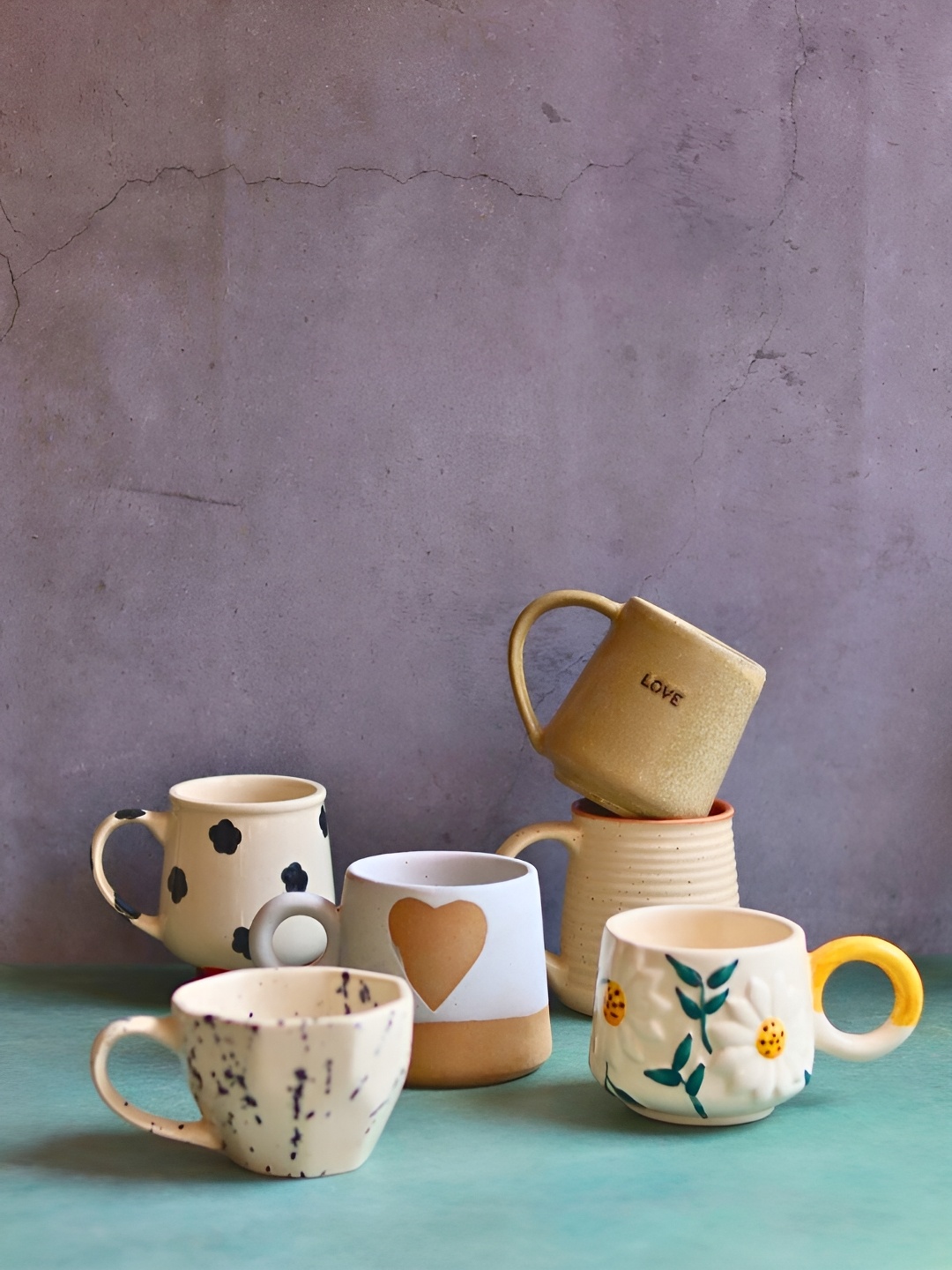 

WEAVING HOMES White & Yellow 6 Pieces Printed Microwave Safe Glossy Ceramic Mugs