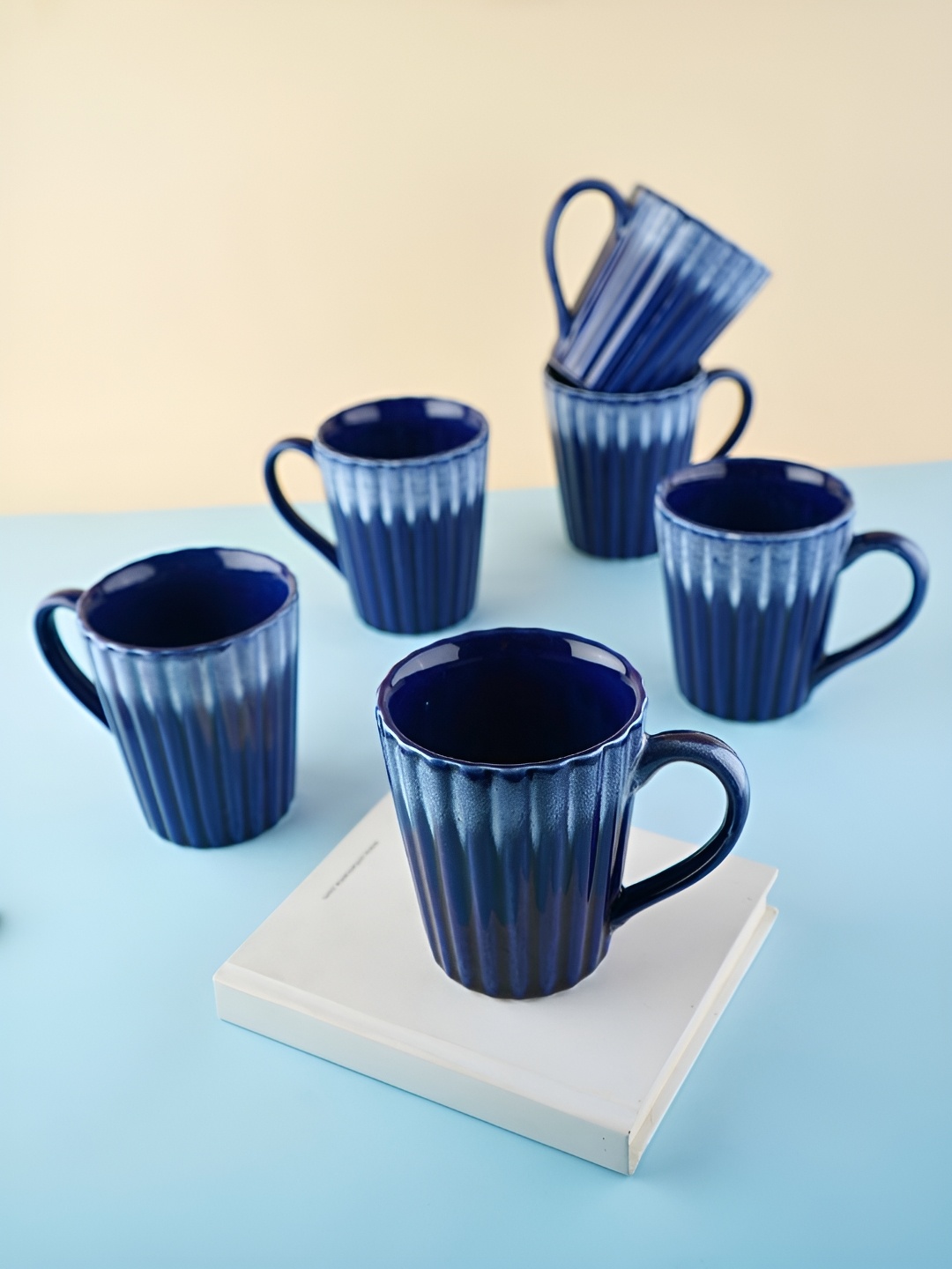 

WEAVING HOMES Blue 6 Pieces Textured Ceramic Glossy Mugs