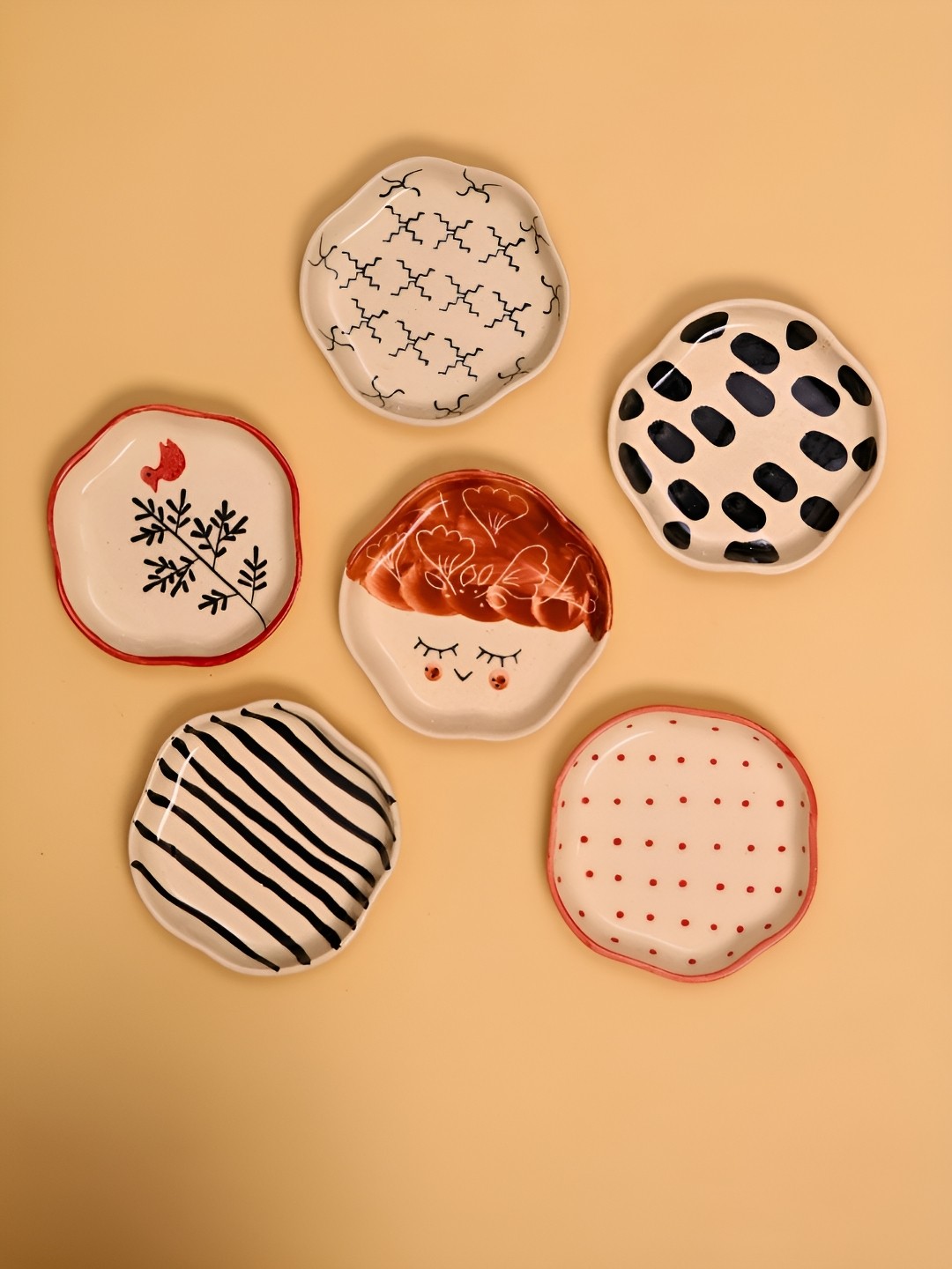 

WEAVING HOMES Red & Black 6 Pieces Printed Ceramic Dessert Plates