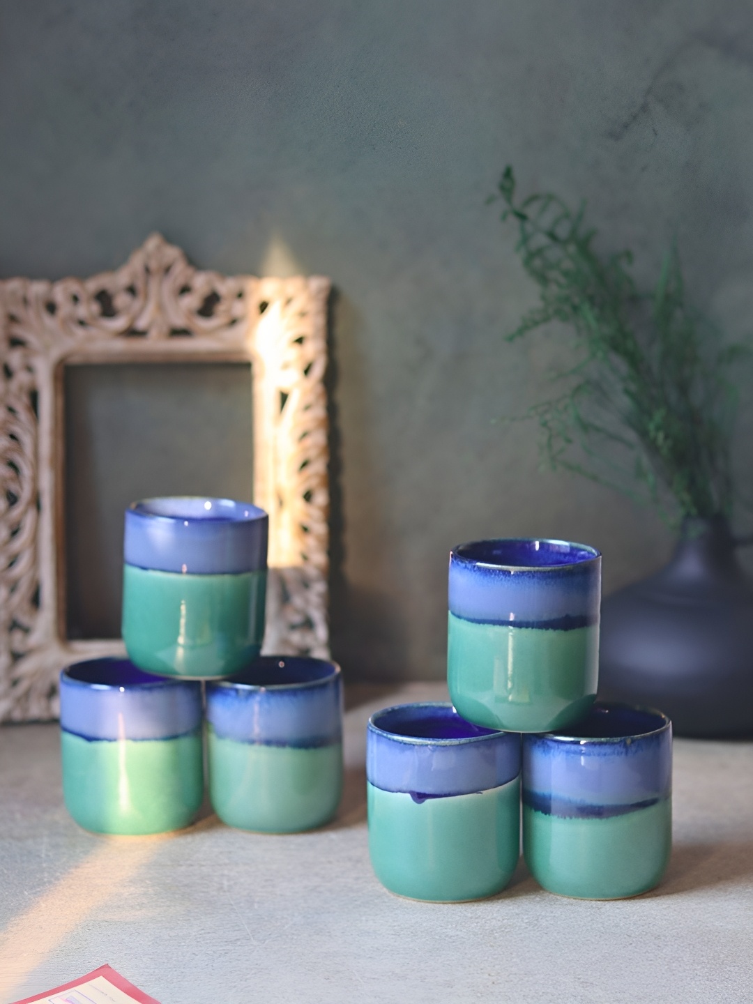 

WEAVING HOMES Blue 6 Pieces Printed Microwave Safe Glossy Ceramic Kulladhs 140 ml Each
