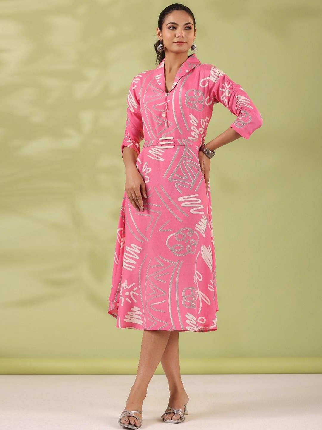 

INDYES Printed A-Line Midi Dress, Pink