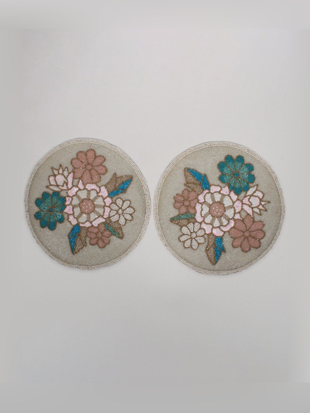 

Exotic India Multicolor Set of 2 Floral Design Beaded Table Mats, Beige