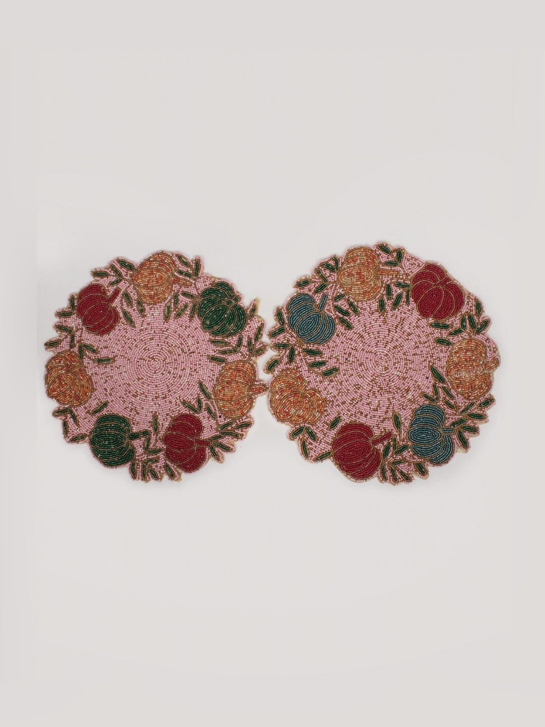 

Exotic India Multicoloured Set of 2 Beaded Designer Round Table Mats, Pink