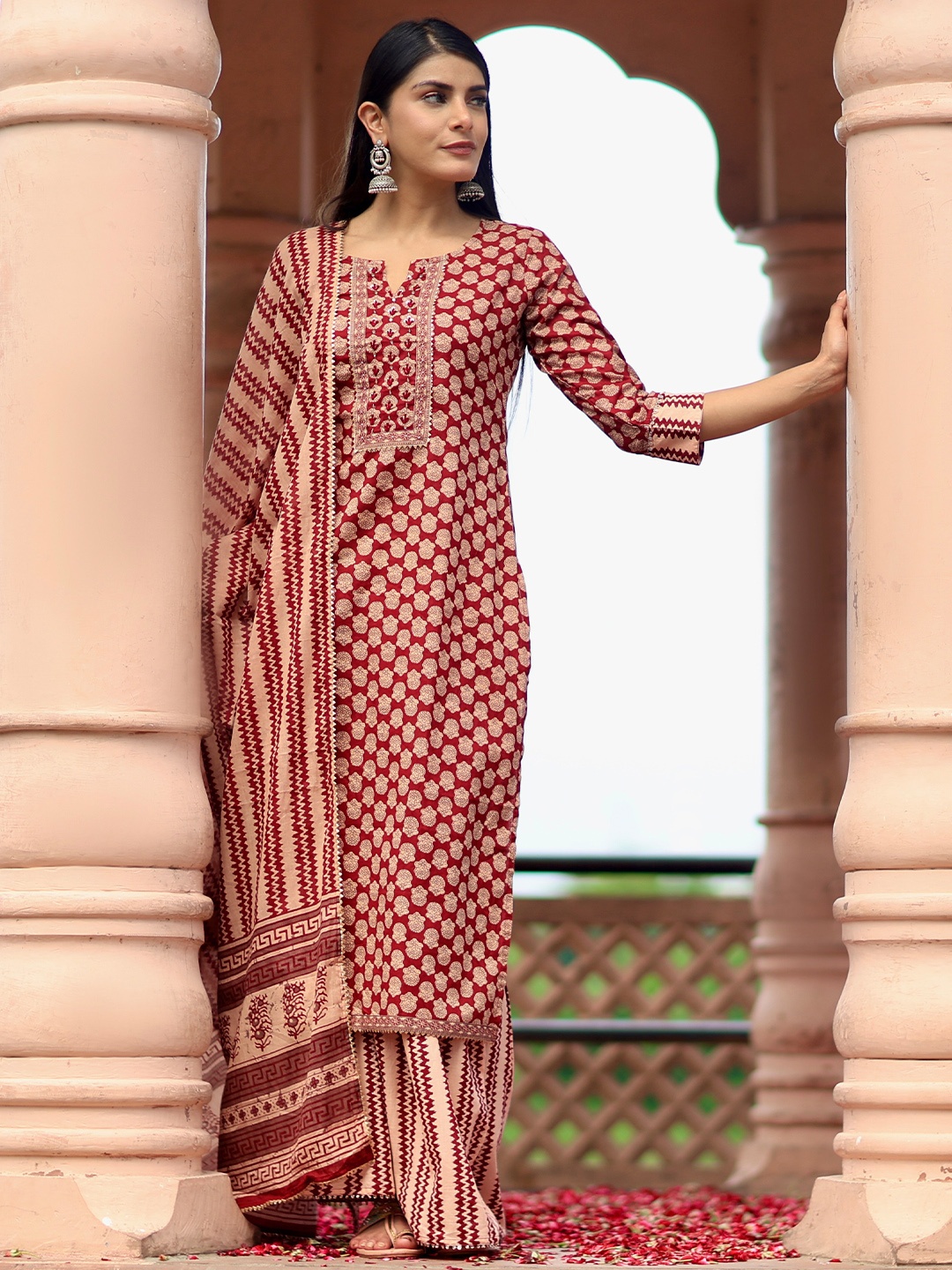 

Libas Maroon Floral Printed Gotta Patti Pure Cotton Kurta with Sharara & Dupatta