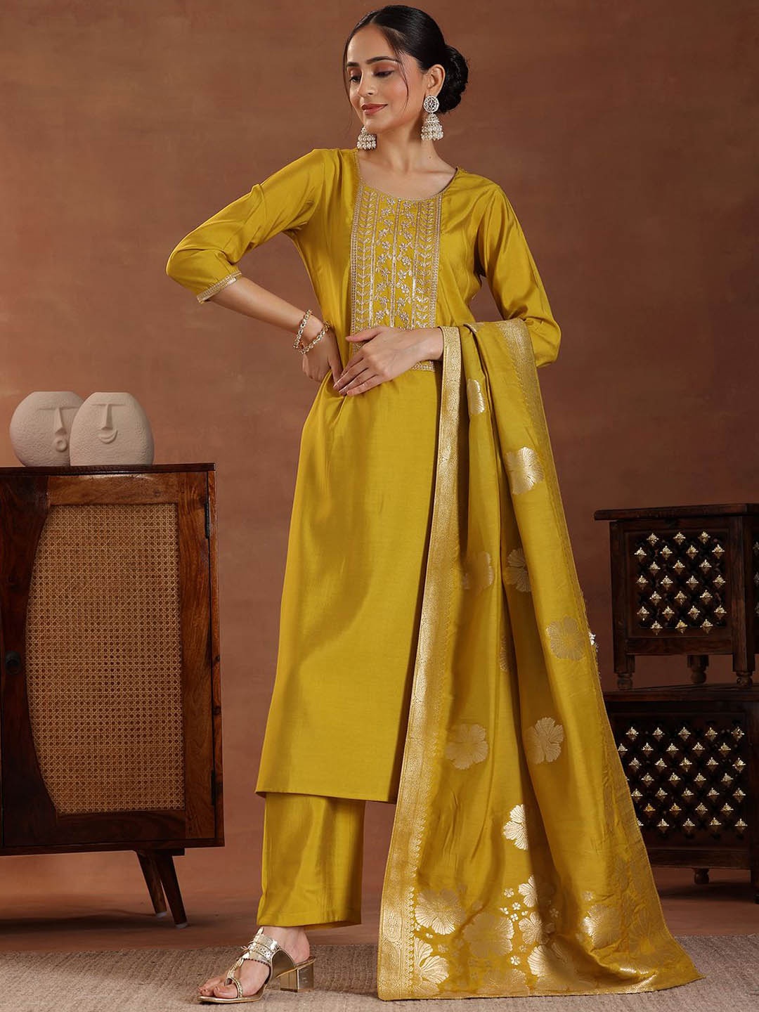 

Libas Mustard Floral Yoke Design Round Neck Sequinned Kurta with Trousers & Dupatta