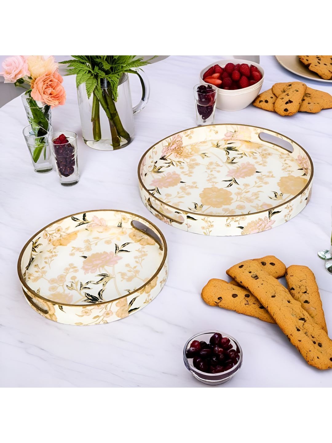 

THE HOME CO. White & Green 2 Pieces Floral Printed Easy to Clean Round Serving Tray