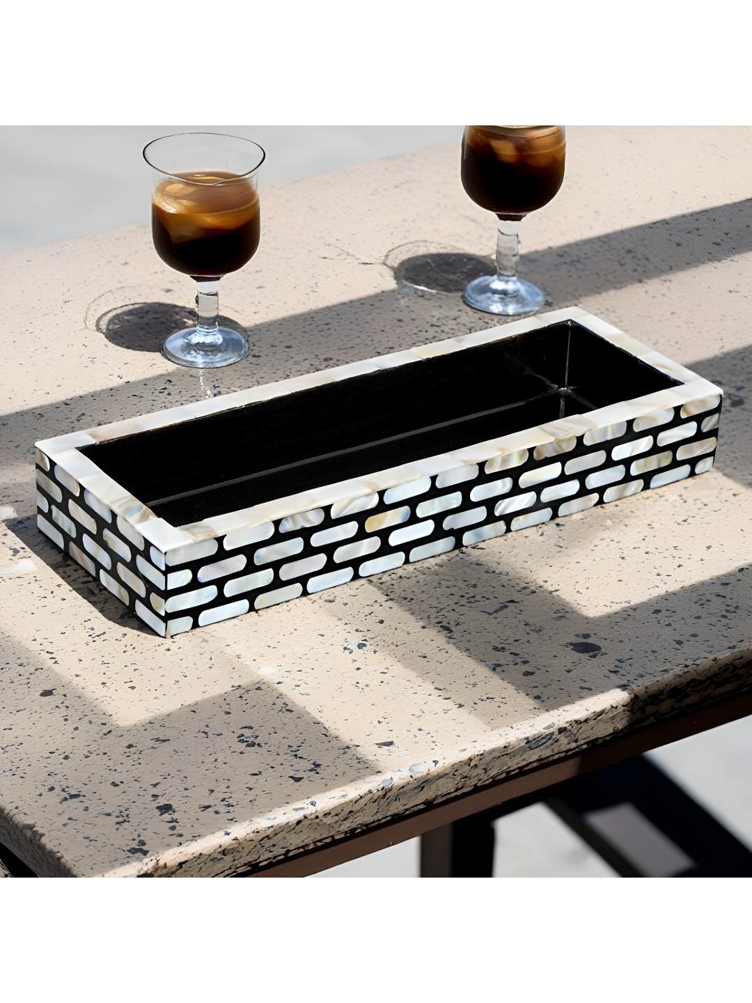 

THE HOME CO. White & Black Mother Of Pearl Finish Rectangle Wooden Serving Tray