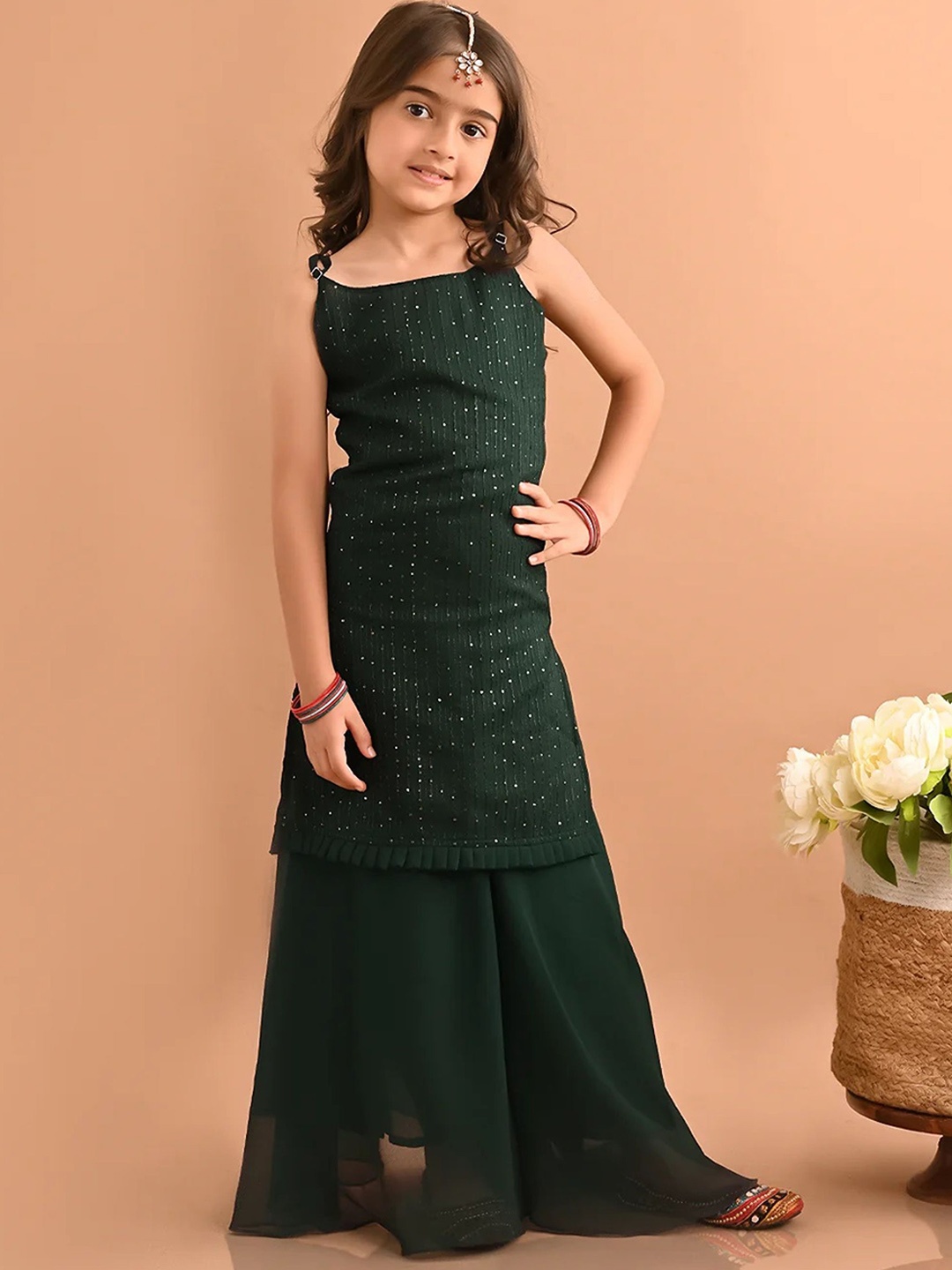 

BAESD Girls Floral Embroidered Sequinned Straight Kurta with Palazzos, Green