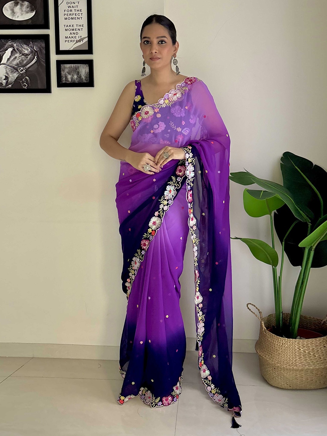 Panzora Ombre Embroidered Saree With Blouse Piece, Purple