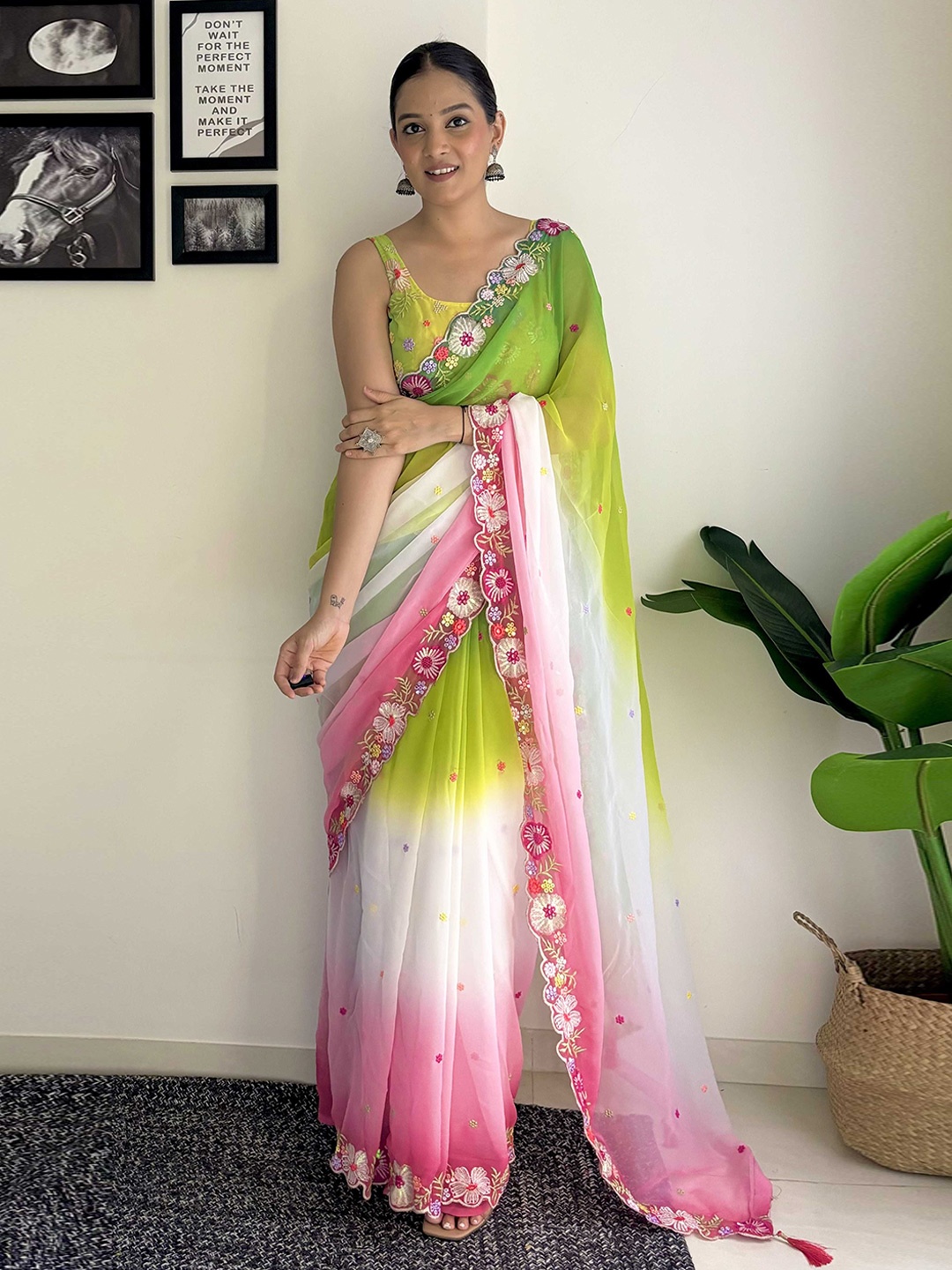 Panzora Floral Embroidered Saree With Blouse Piece, Green