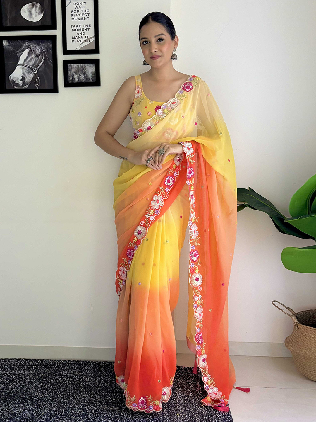 

Panzora Floral Embroidered Saree, Yellow