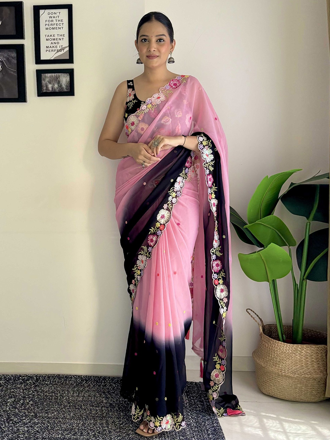 Panzora Floral Embroidered Saree, Pink