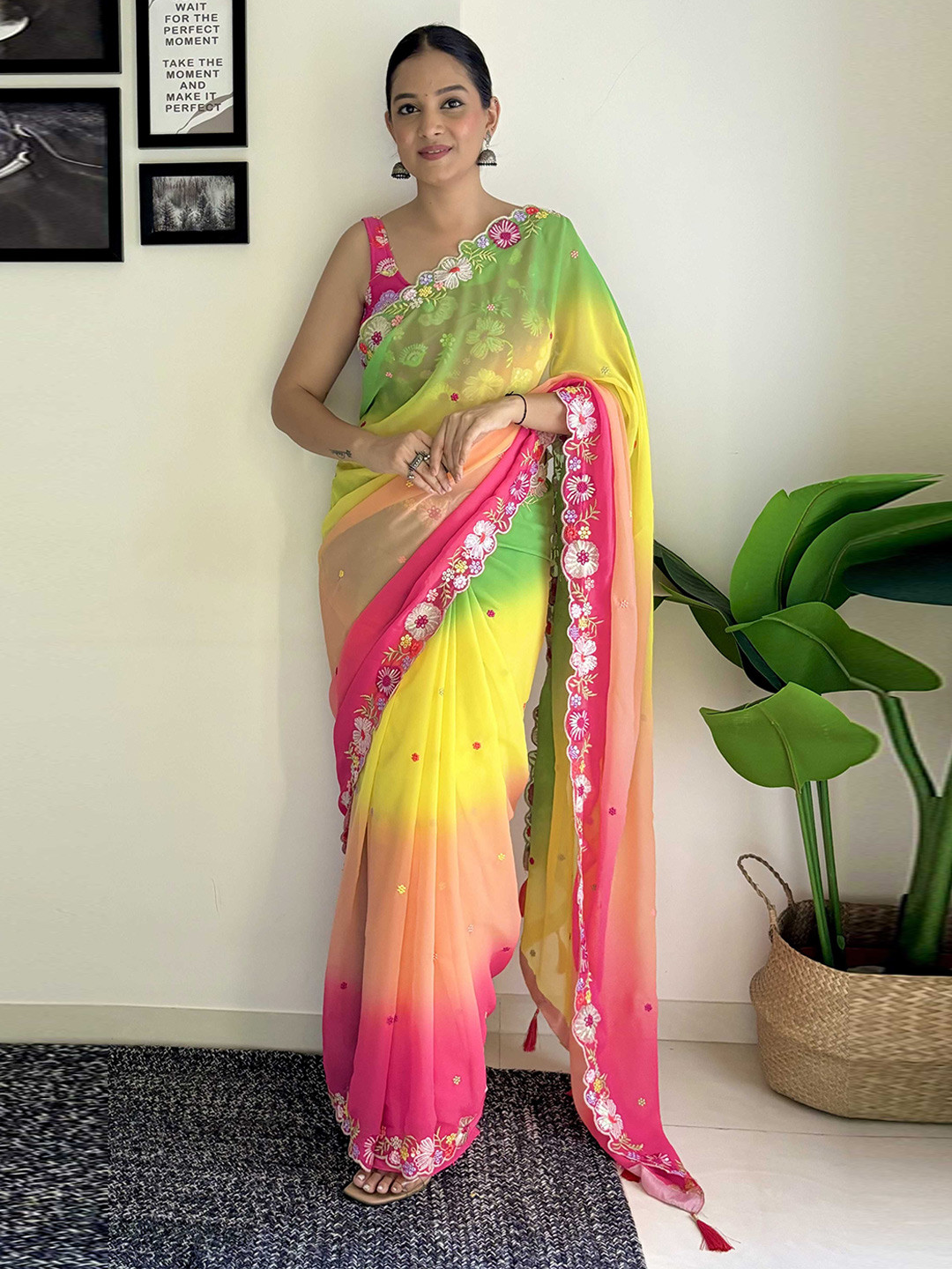 

Panzora Floral Embroidered Saree, Yellow