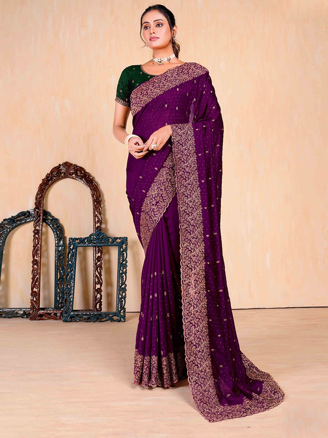 

Panzora Embellished Embroidery Work Beads and Stones Saree, Purple