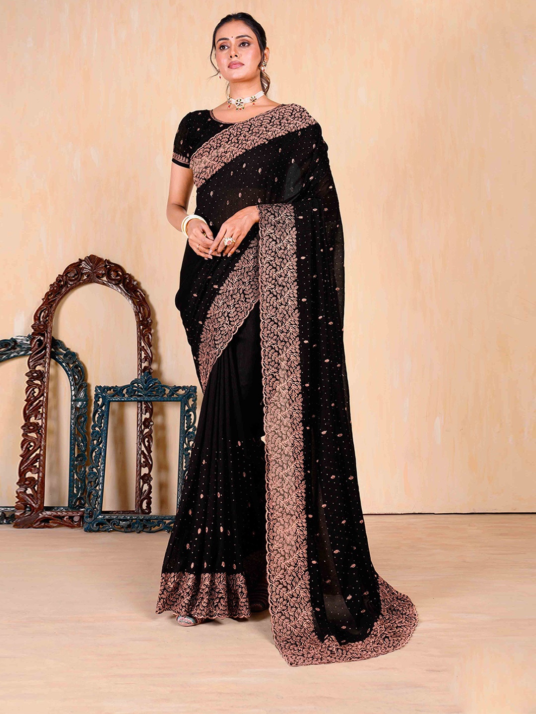 

Panzora Embellished Embroidery Work Beads and Stones Saree, Black