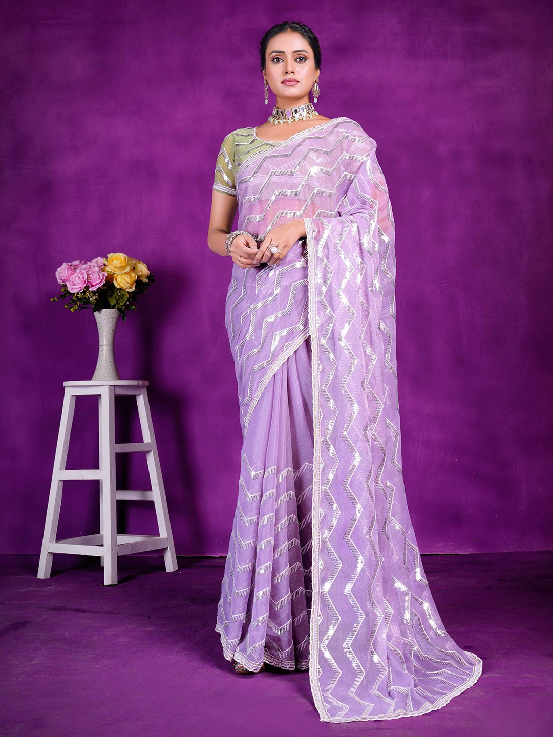 

Panzora Embellished Sequinned Organza Saree, Lavender