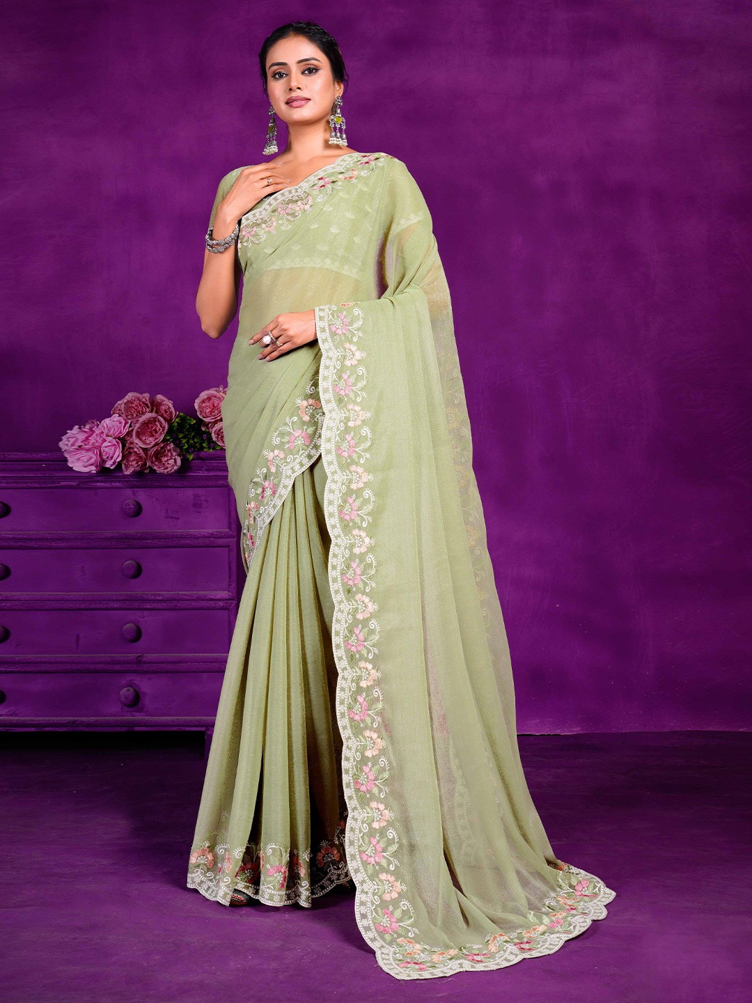 

Panzora Floral Embroidered Organza Saree, Green