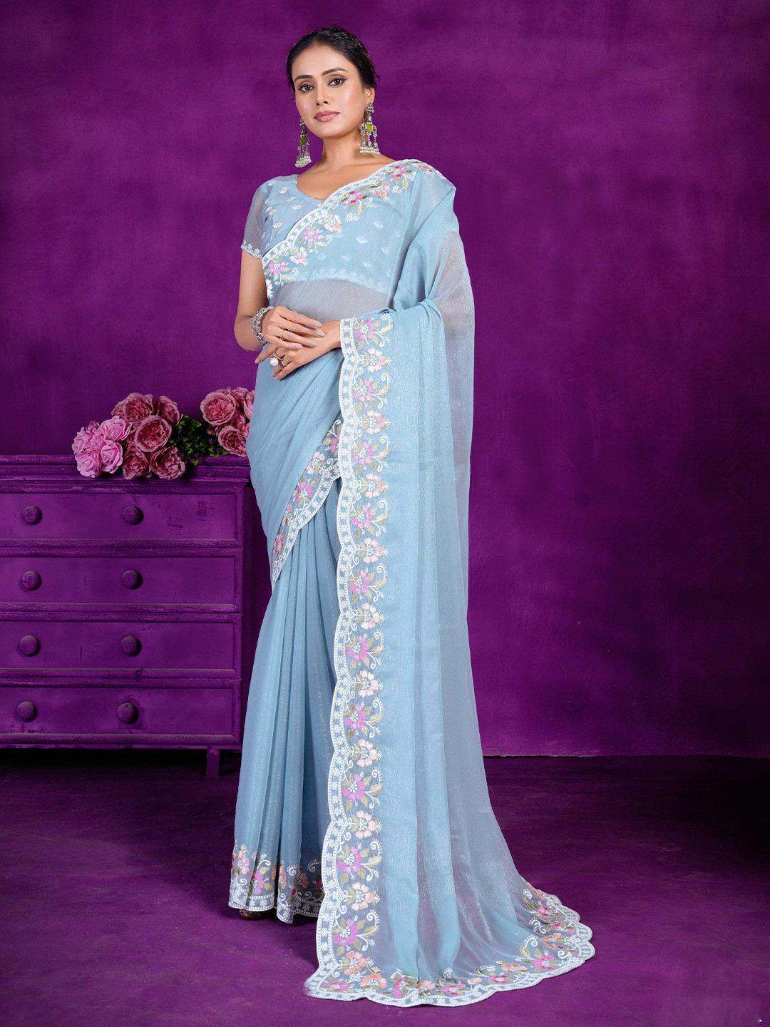 

Panzora Solid Embroidered Organza Saree, Blue
