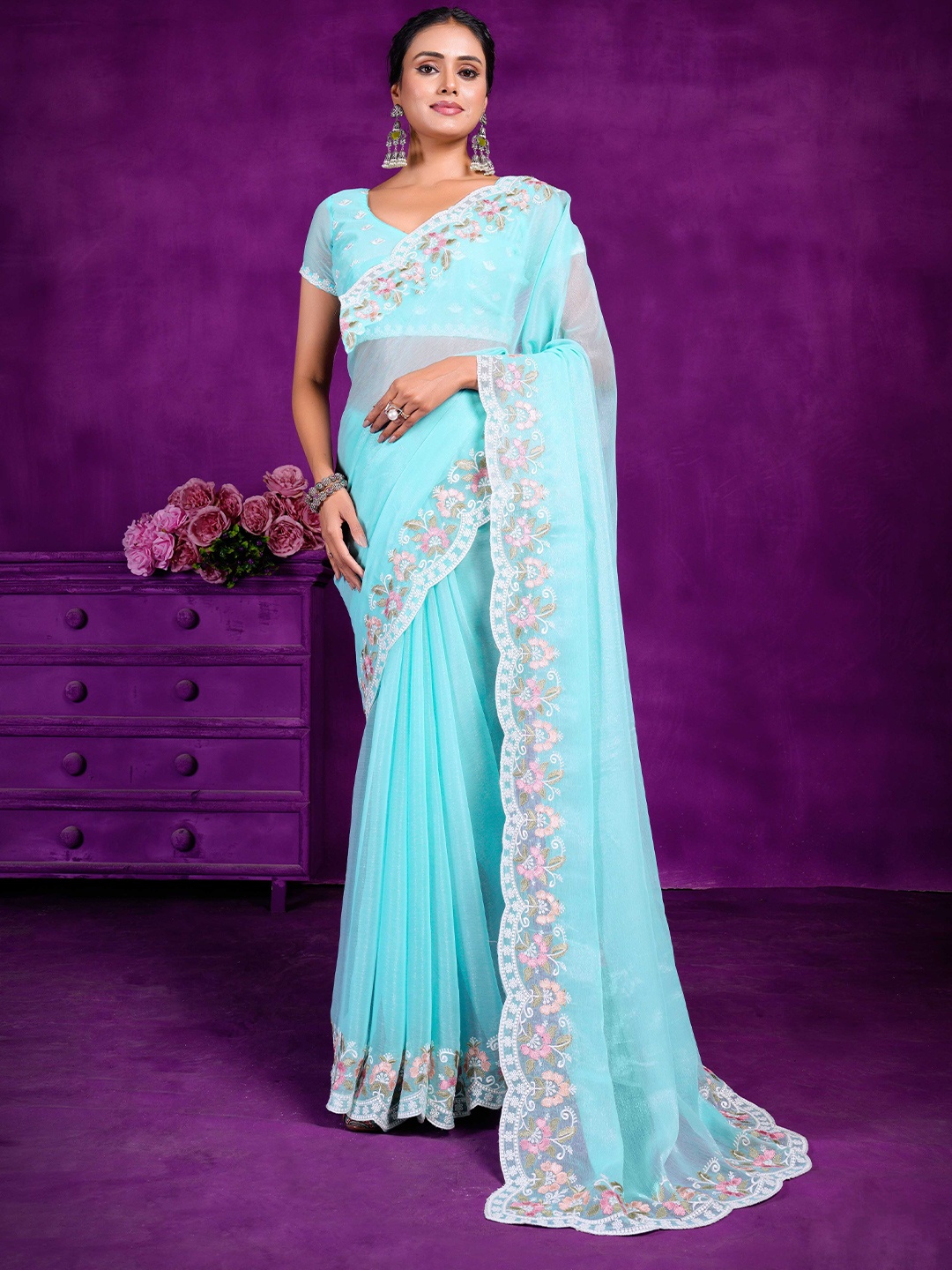 

Panzora Embroidered Organza Saree, Blue